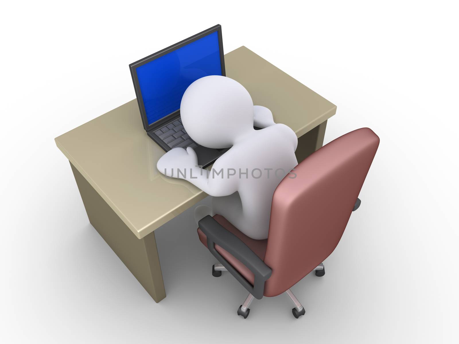 3d person is sleeping on a desk with a laptop