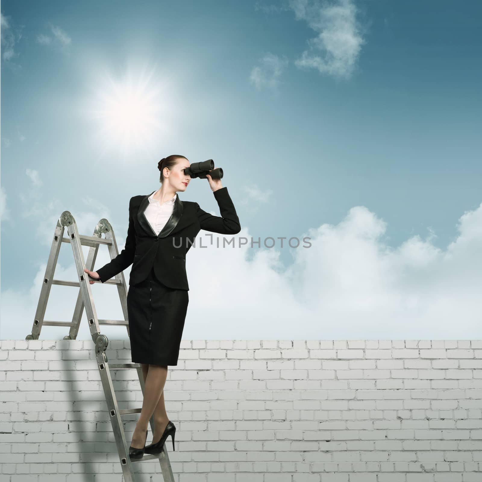 businesswoman climbed a ladder and looking through binoculars