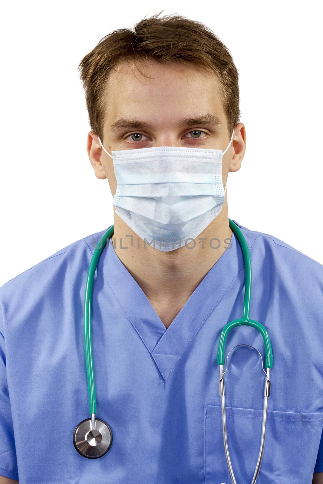 Doctor with stethoscope in medical mask for hygiene.