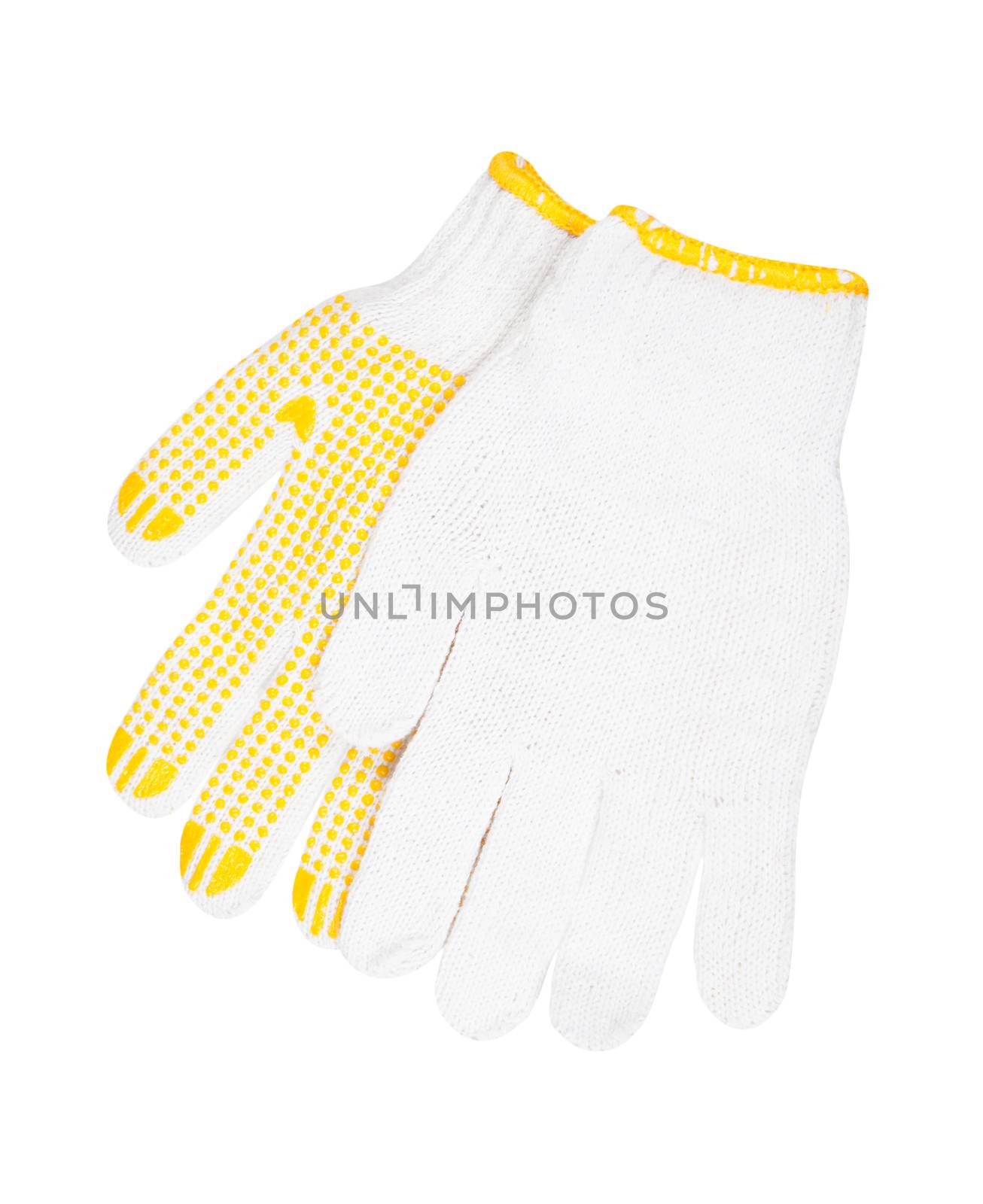 Work gloves made of cotton fabric with rubber coating isolated on white background. 