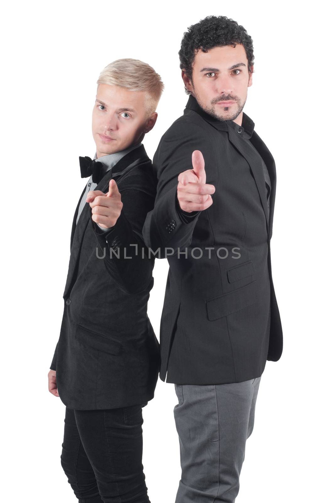 Two white men pointing with their fingers, isolated