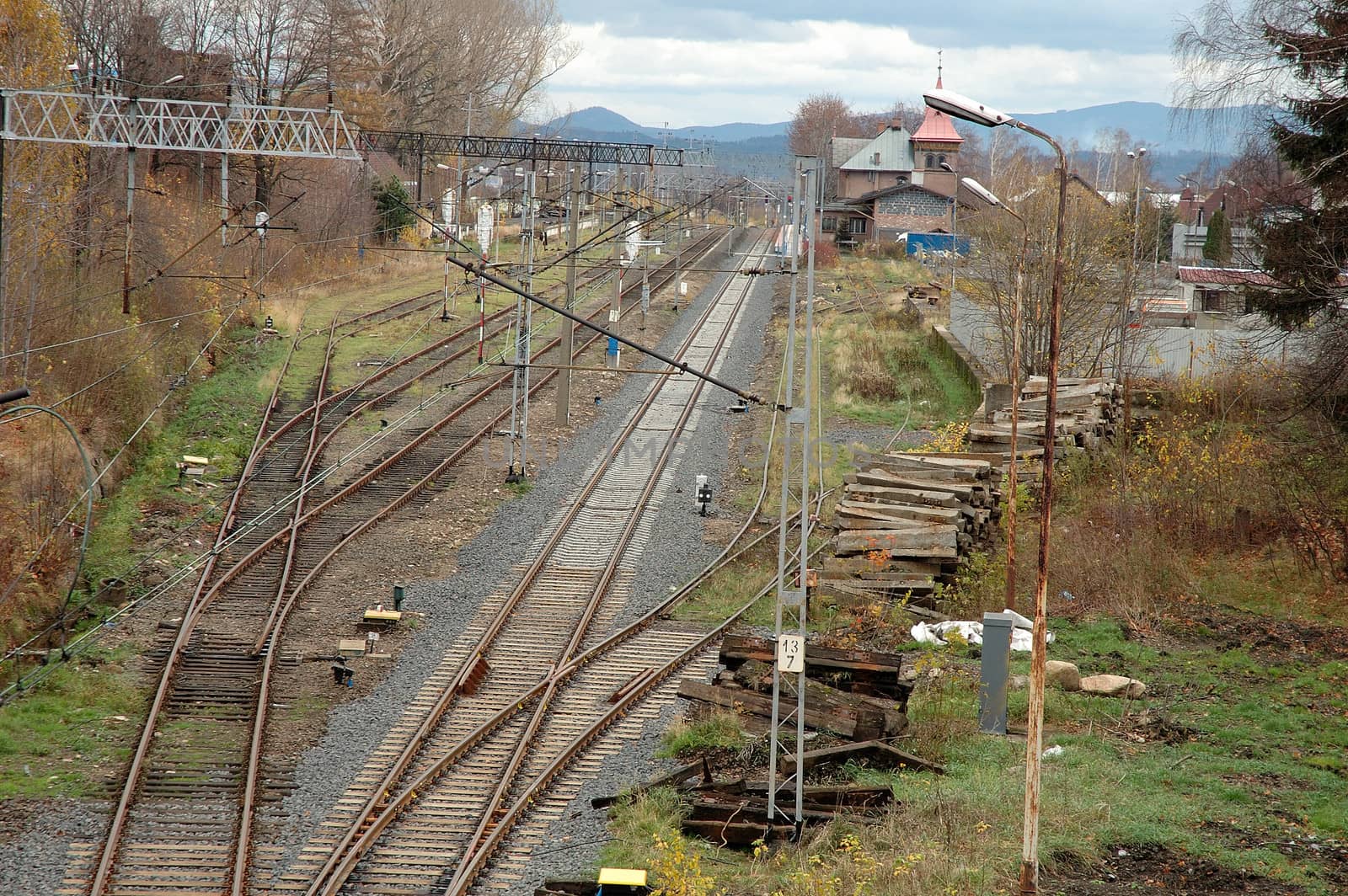 Railway track nearby small railway station in Piechowice city in Poland