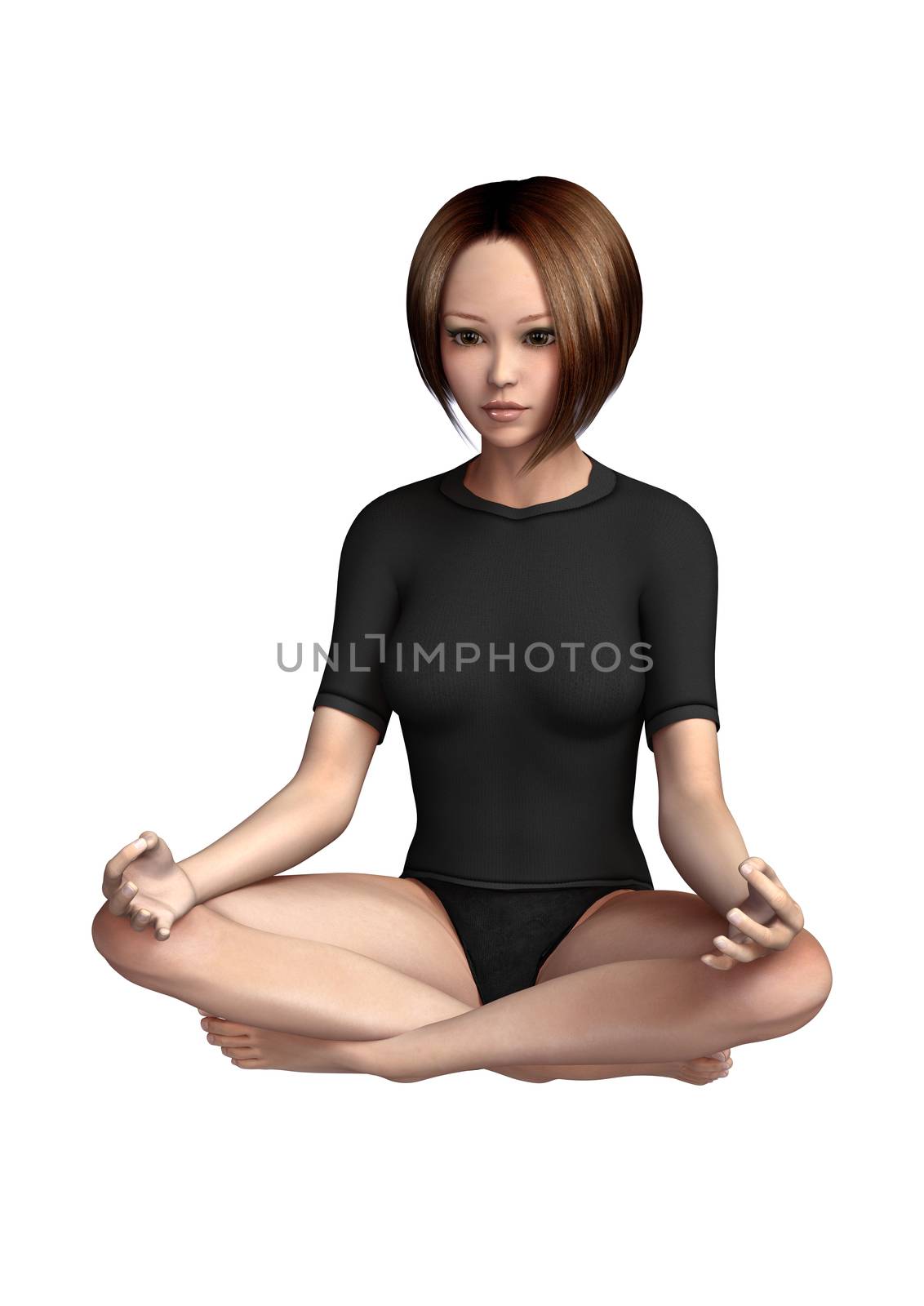 3D digital render of a beautiful yoga exercising girl  in a lotus position isolated on white background