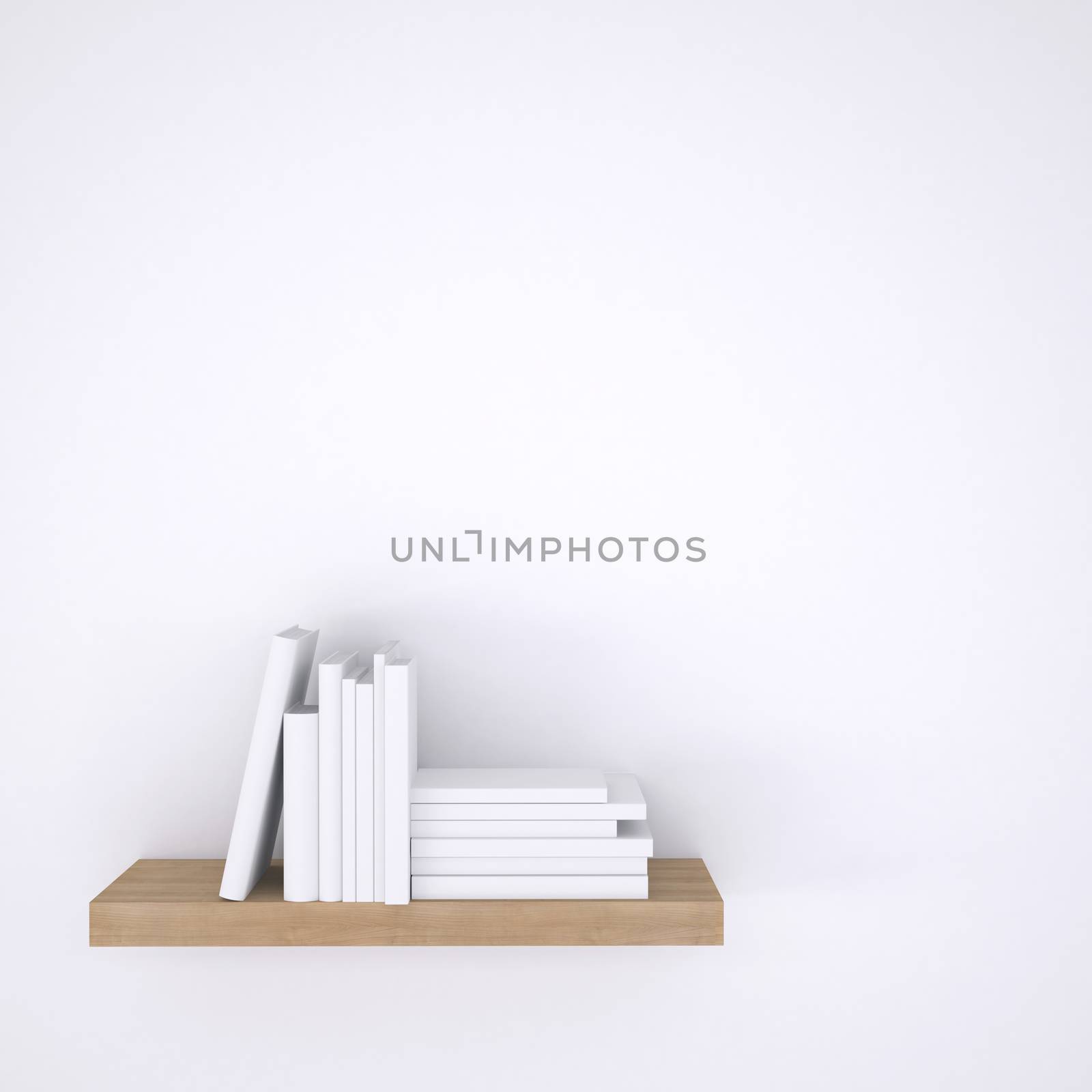 Wooden shelf with books on white wall background. 3d render