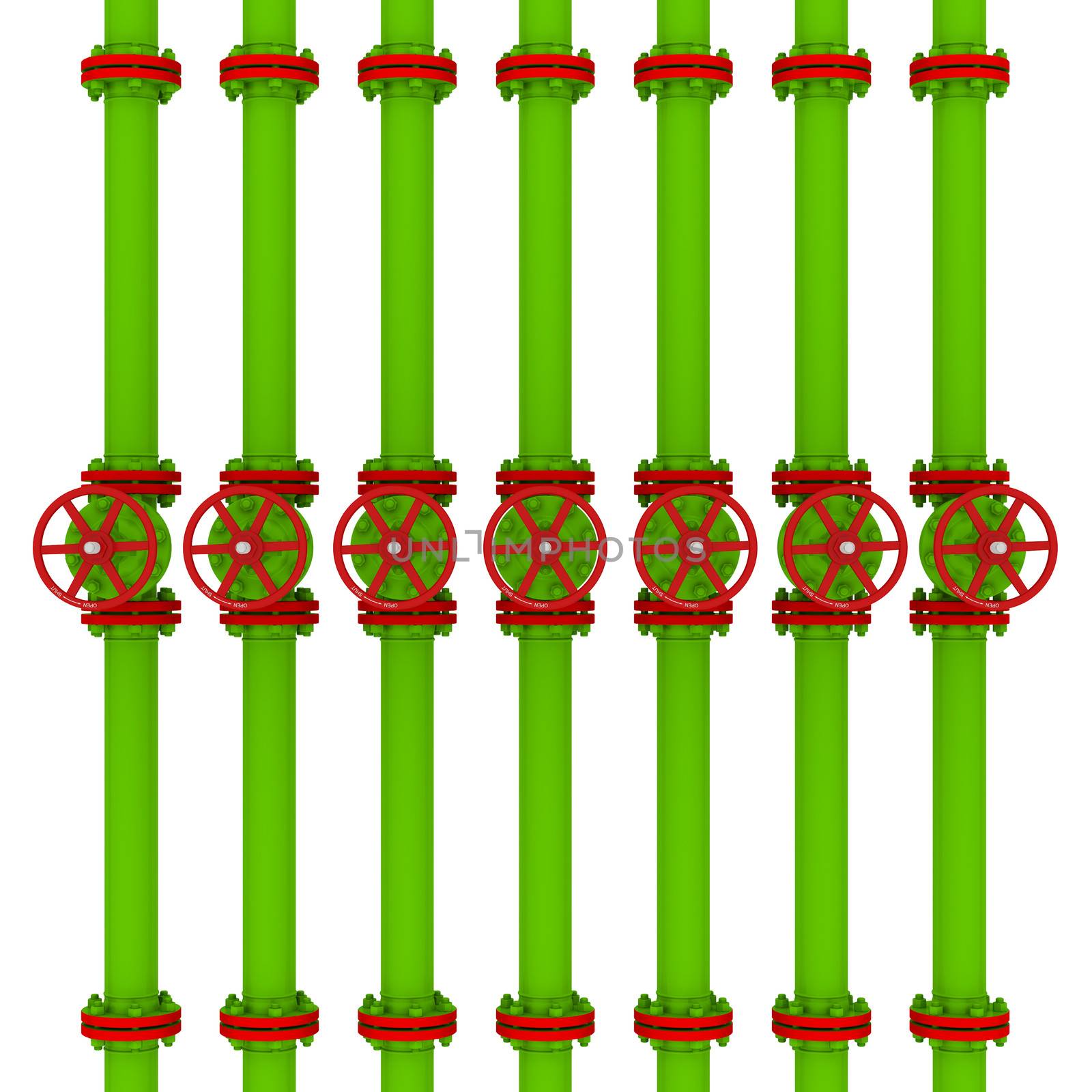 Green pipes and valves. Isolated render on a white background