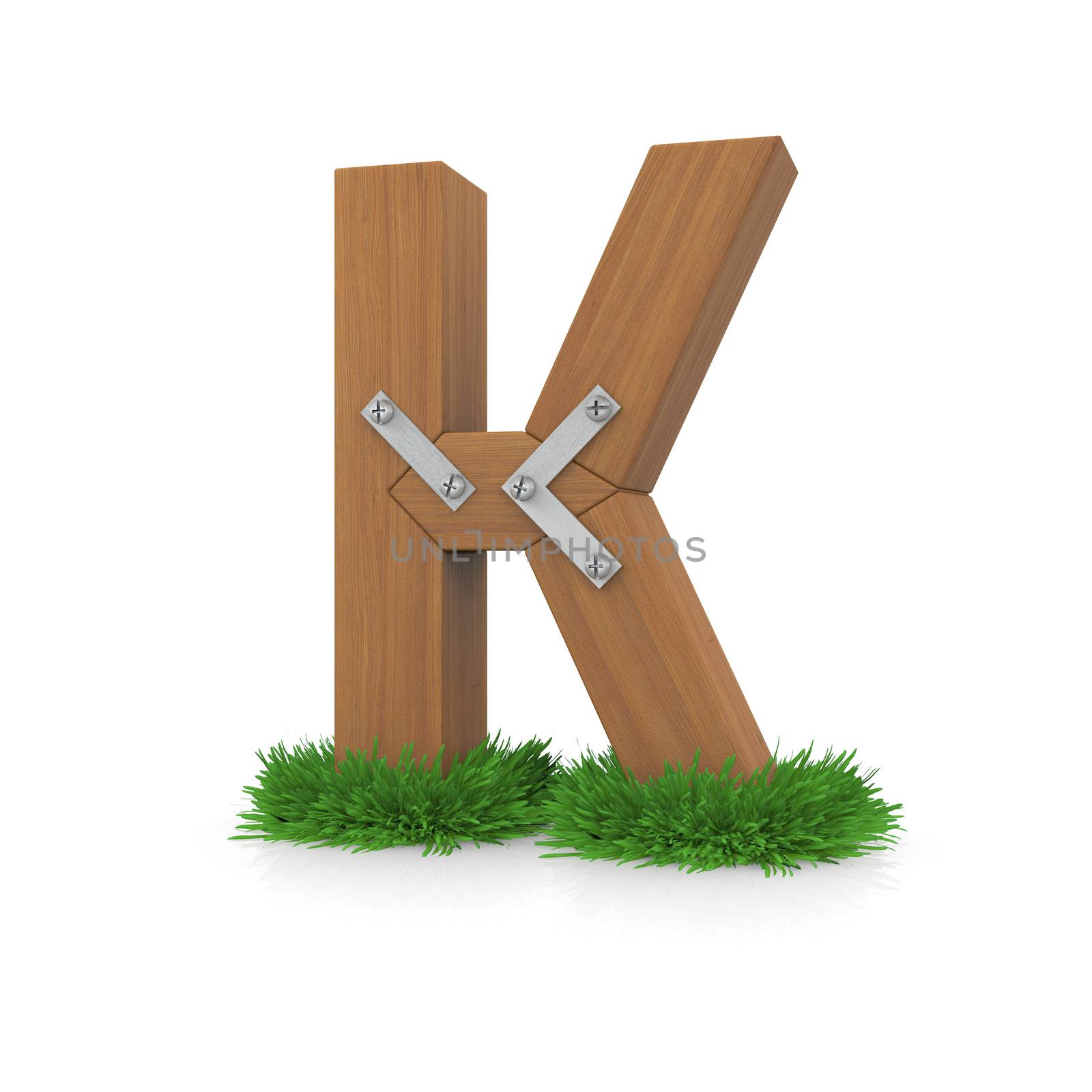 Wooden letter K in the grass. Isolated render with reflection on white background. bio concept