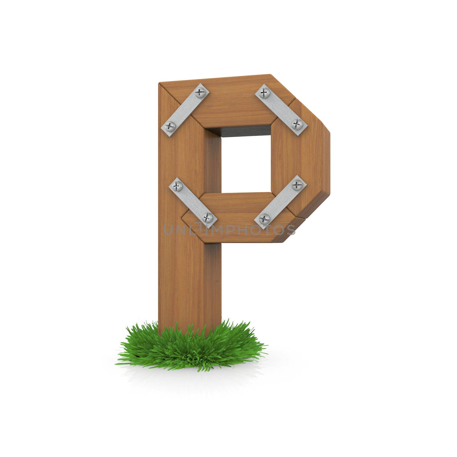 Wooden letter P in the grass. Isolated render with reflection on white background. bio concept