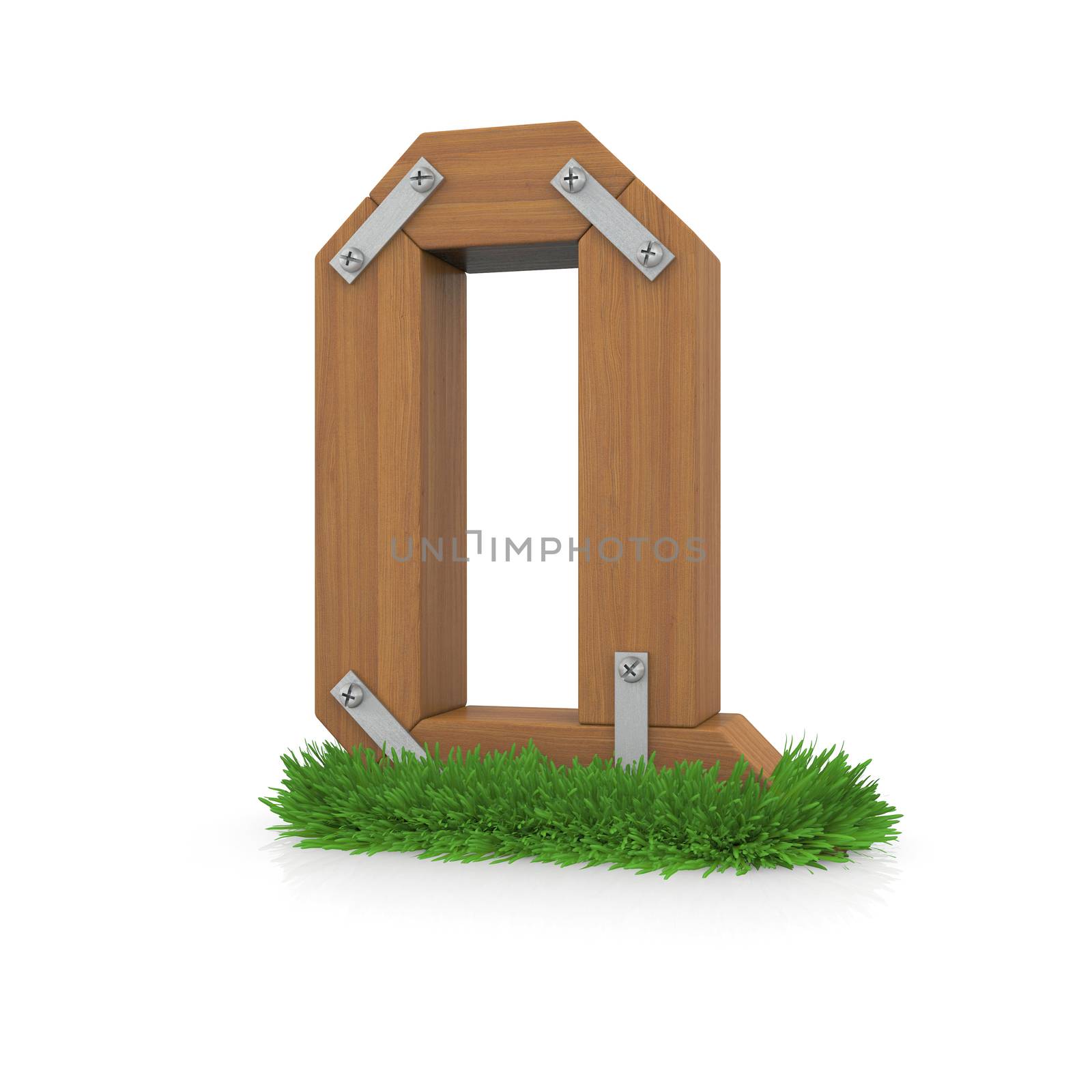 Wooden letter Q in the grass. Isolated render with reflection on white background. bio concept