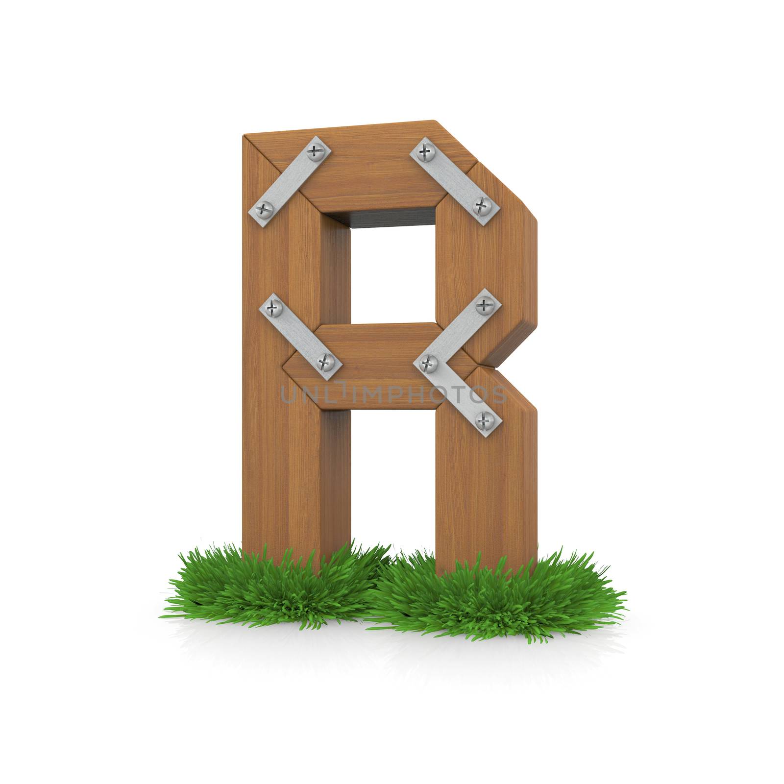 Wooden letter R in the grass. Isolated render with reflection on white background. bio concept
