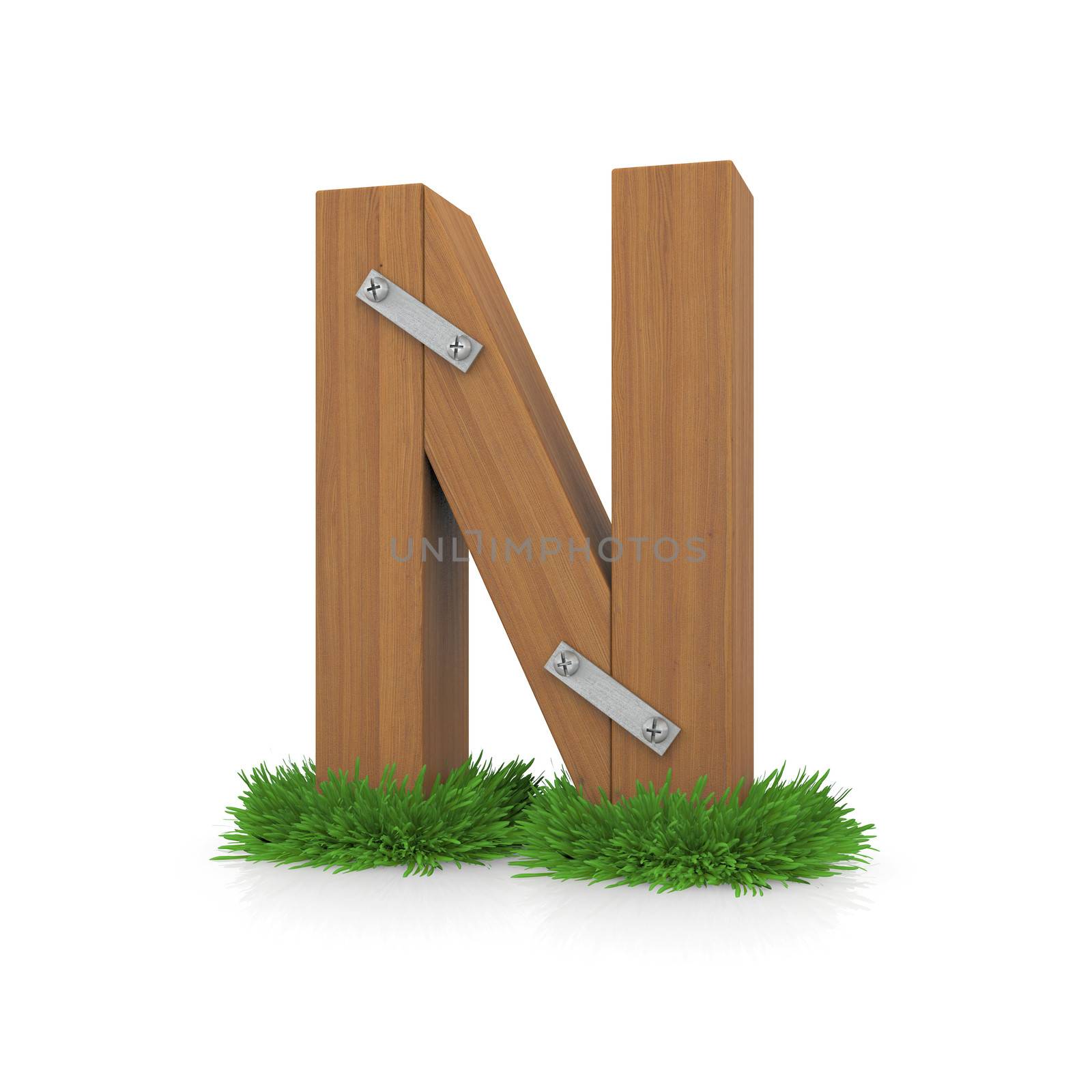 Wooden letter N in the grass. Isolated render with reflection on white background. bio concept