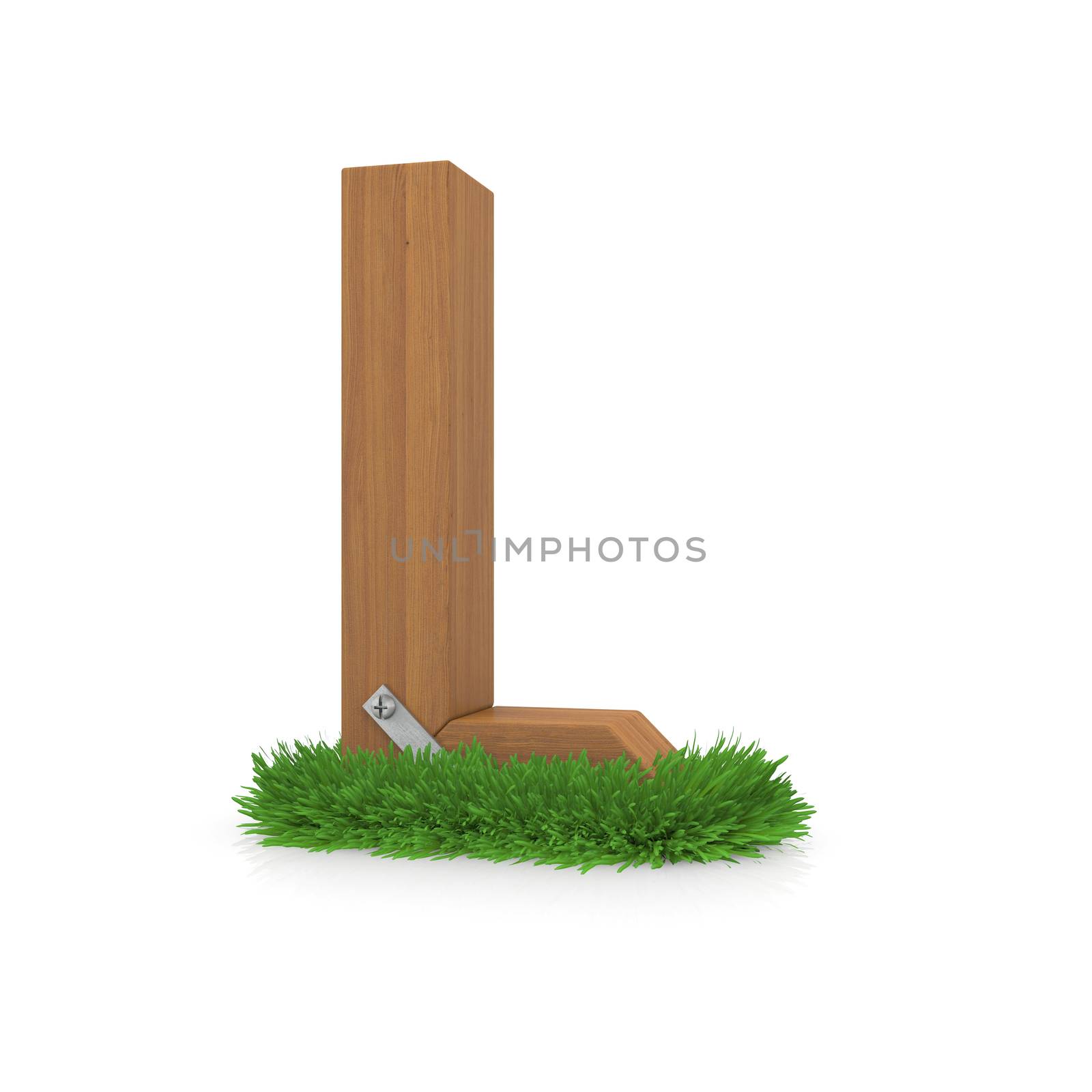 Wooden letter L in the grass. Isolated render with reflection on white background. bio concept