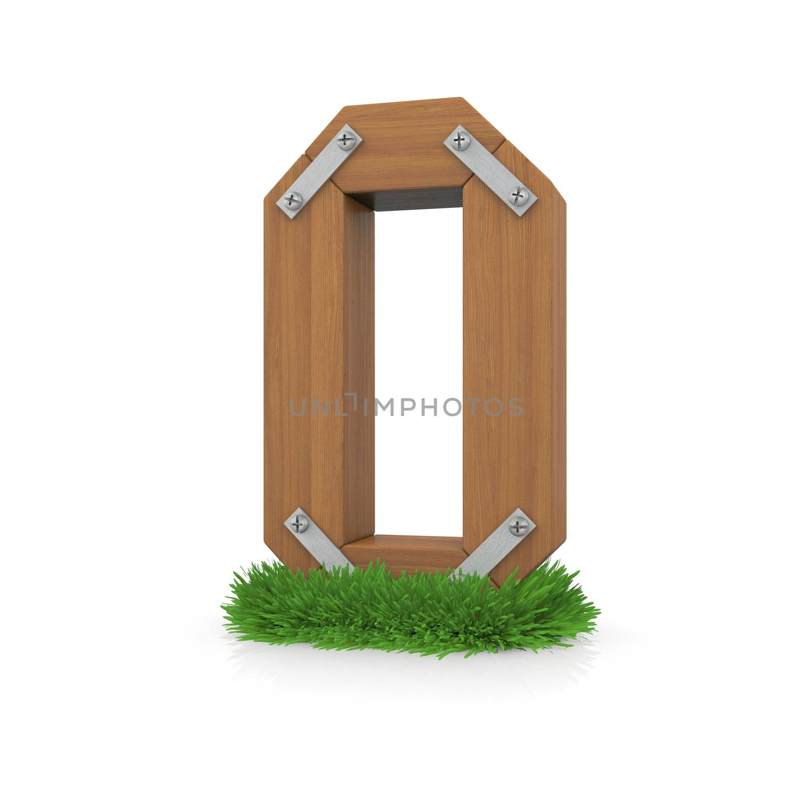 Wooden letter O in the grass. Isolated render with reflection on white background. bio concept