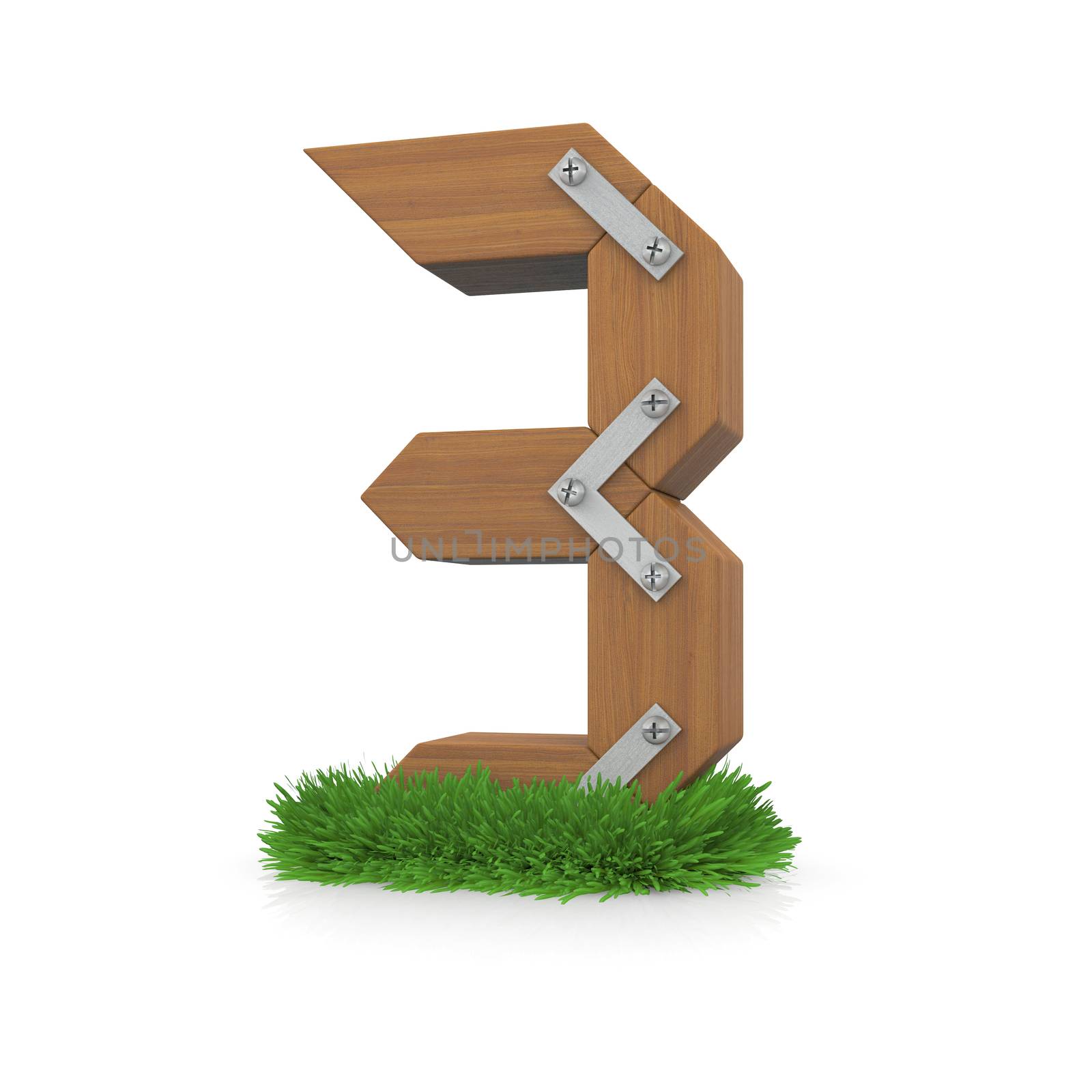 Wooden number three in the grass. Isolated render with reflection on white background. bio concept