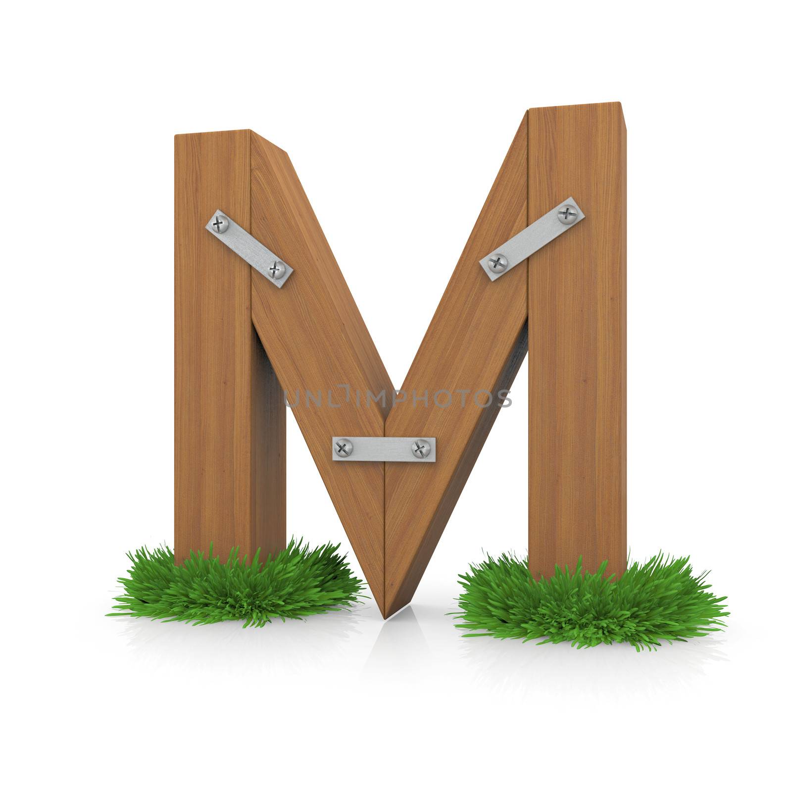 Wooden letter M in the grass. Isolated render with reflection on white background. bio concept