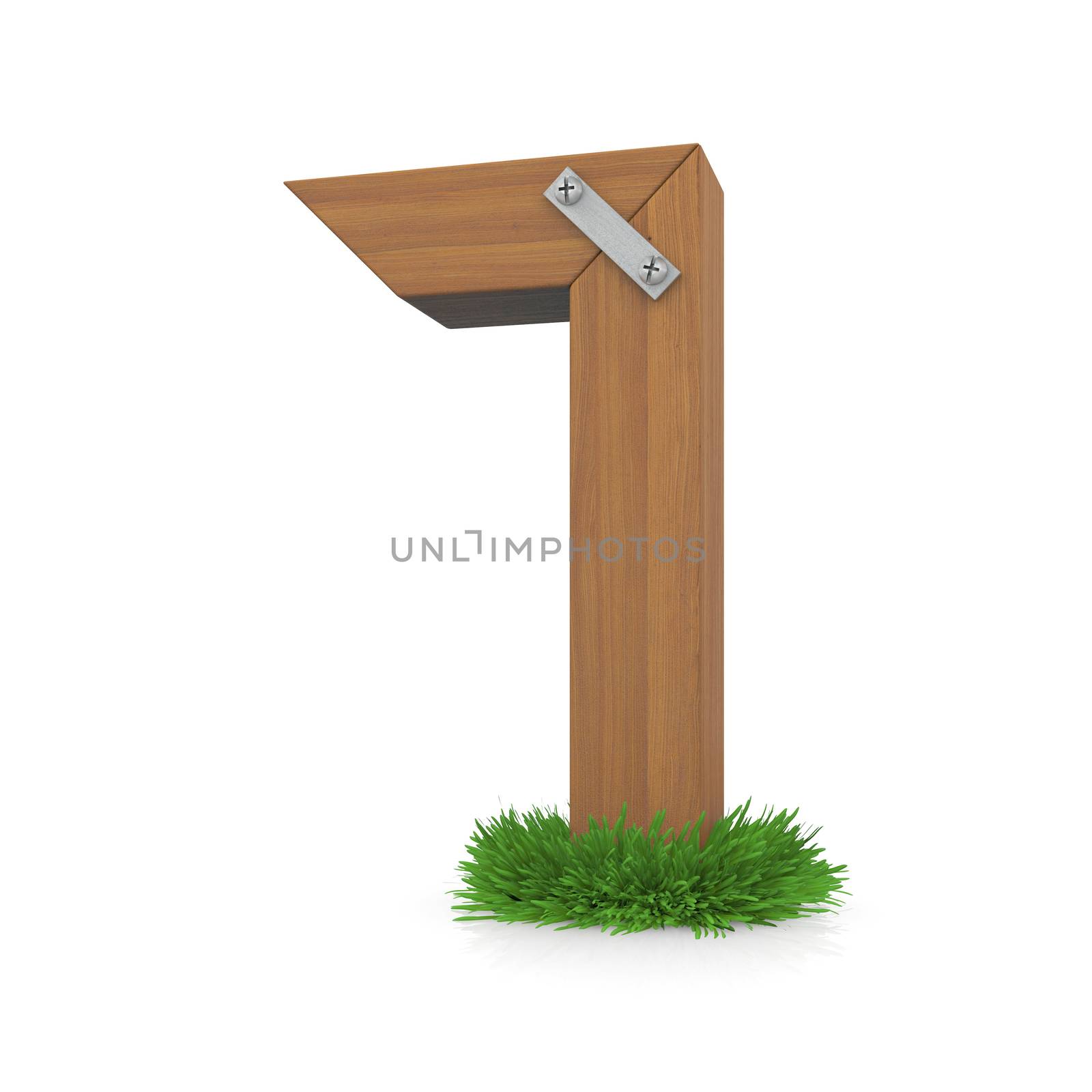 Wooden number seven in the grass. Isolated render with reflection on white background. bio concept