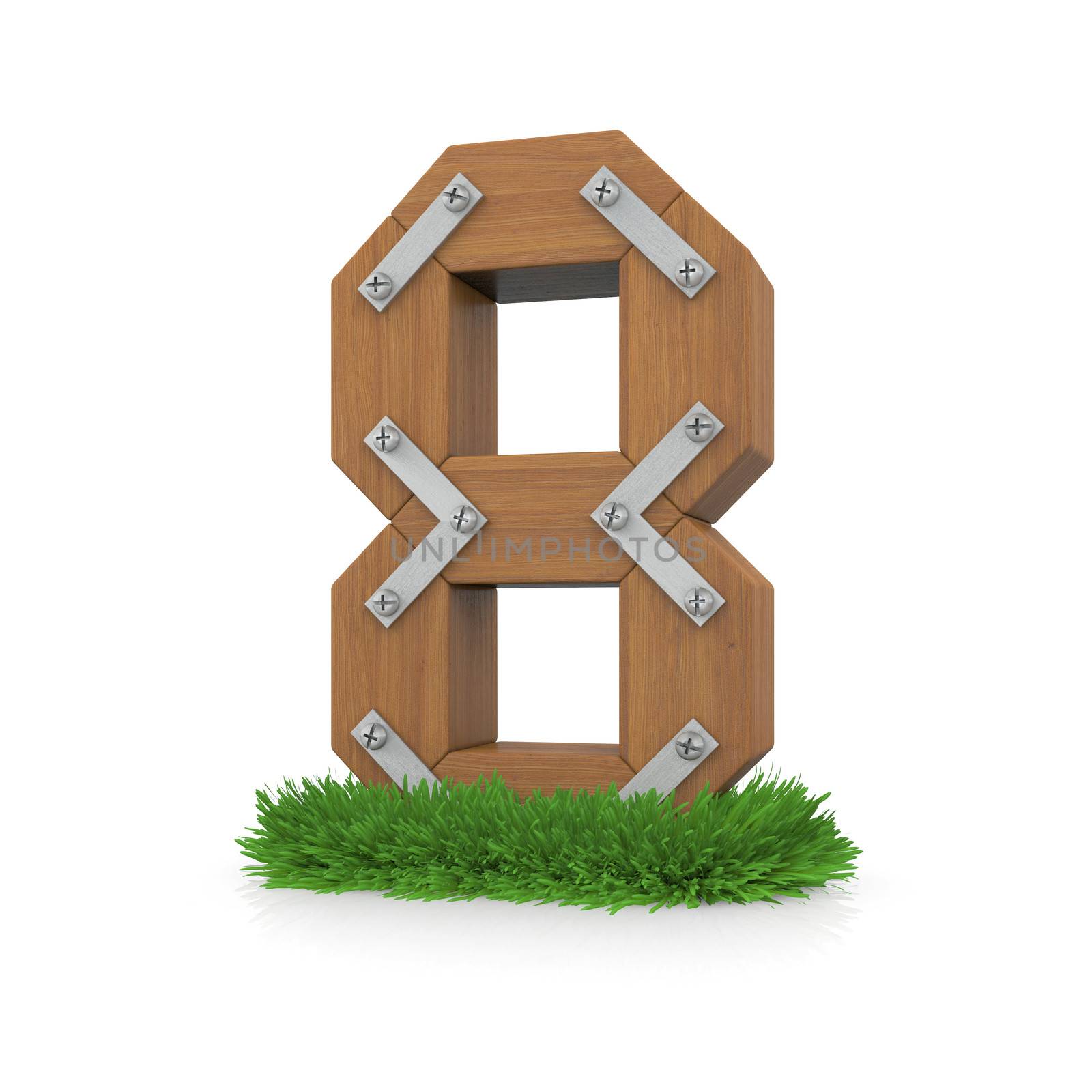 Wooden number eight in the grass. Isolated render with reflection on white background. bio concept