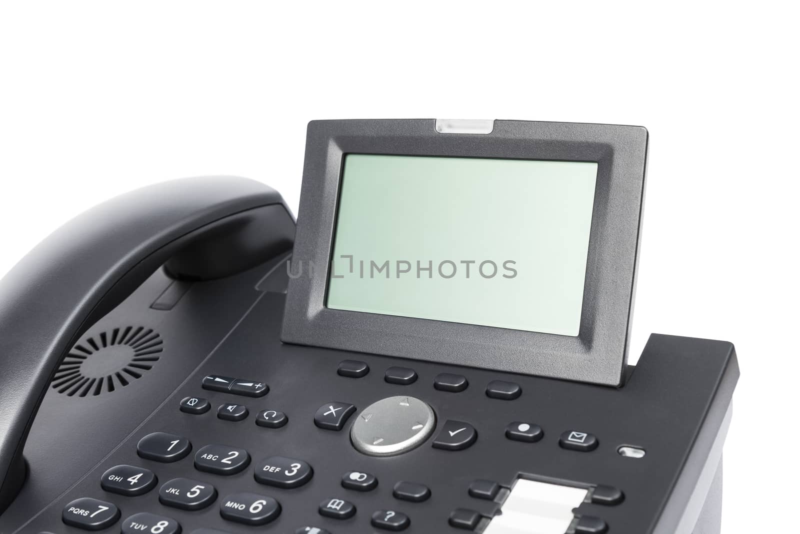 display of modern business phone isolated in white background. close up