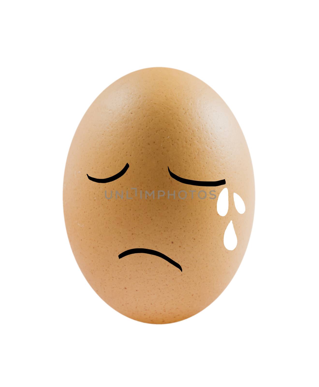 single  brown egg with sad face  on white background .
