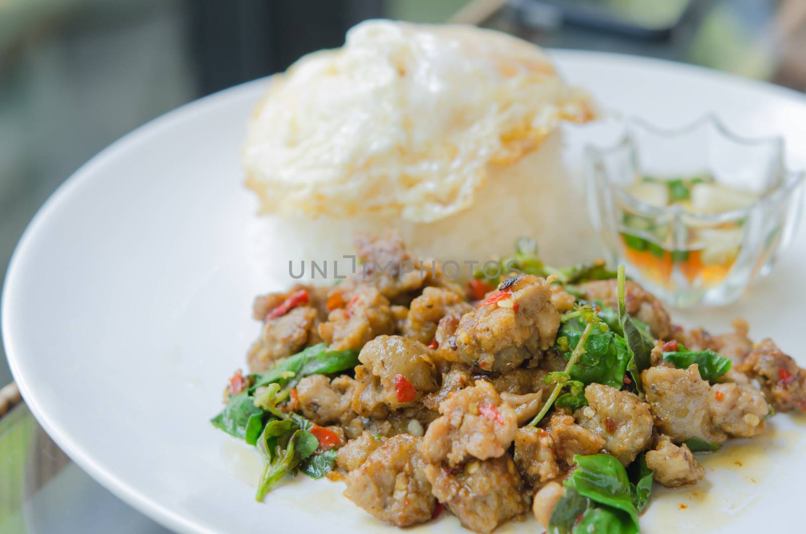 close up asian meal , stir fried minced pork with chili , sweet basil served with steamed rice and fried egg