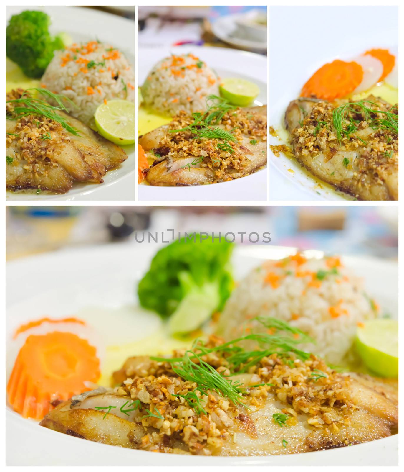 Collage from photographs of roasted fish served with fried rice