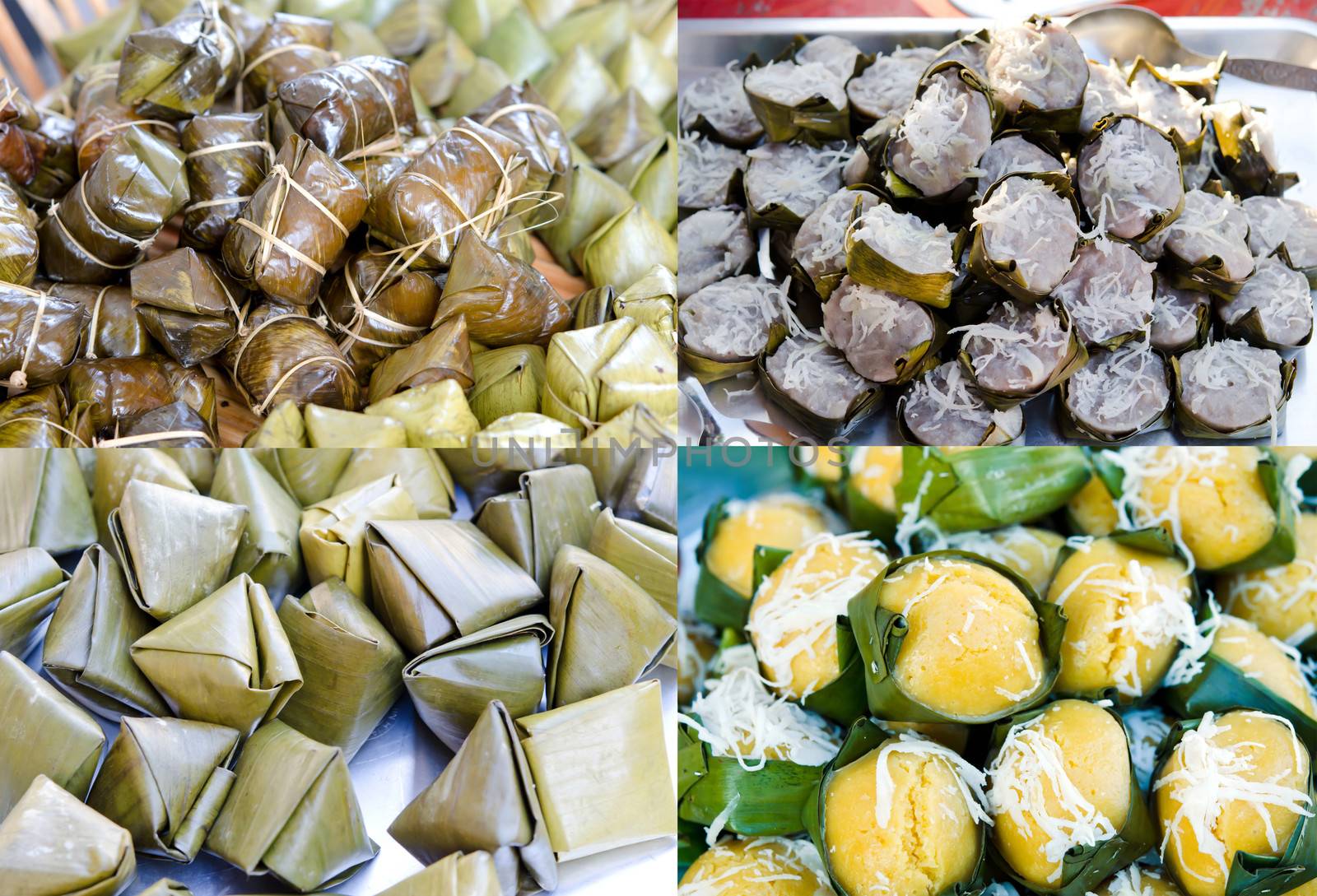 Collage from photographs of thai dessert  ( Sweet sticky rice in banana leaf package ,made from sugar and coconut, banana rice )