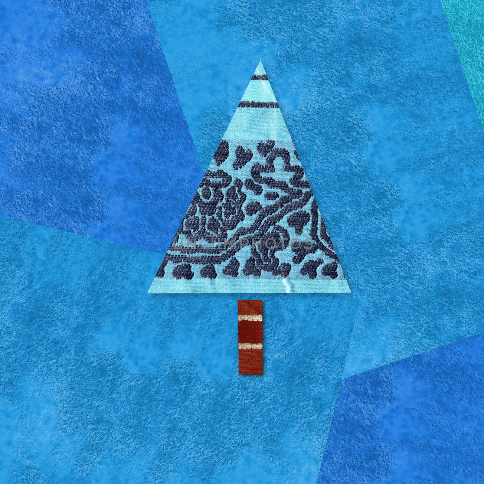Christmas background, scrap fabric fir on blue paper  by Carche