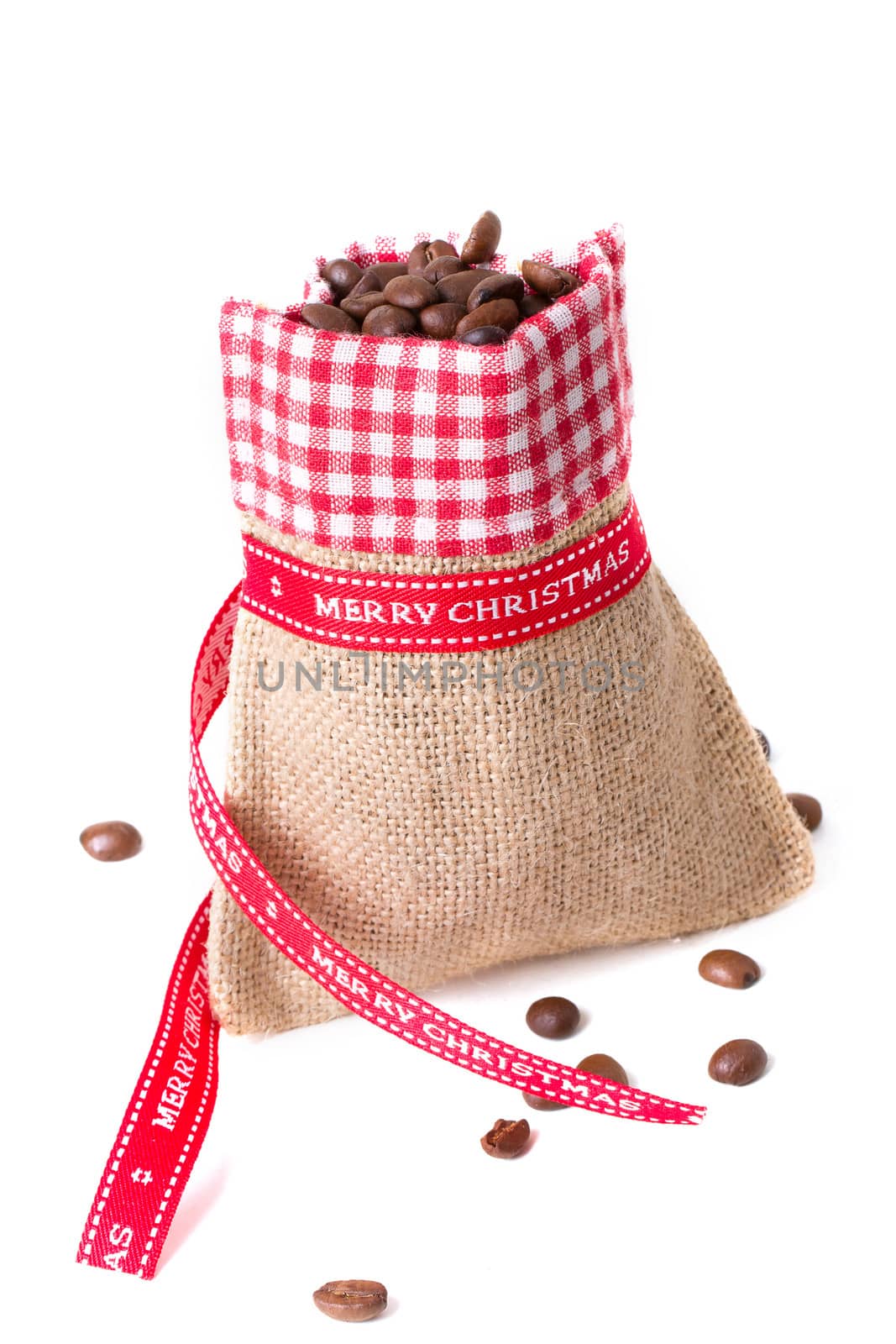 closed sack bag with red bow isolated on white background