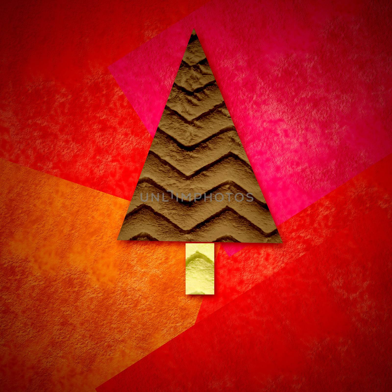 Christmas greeting card, fir tree made with scraps in red background