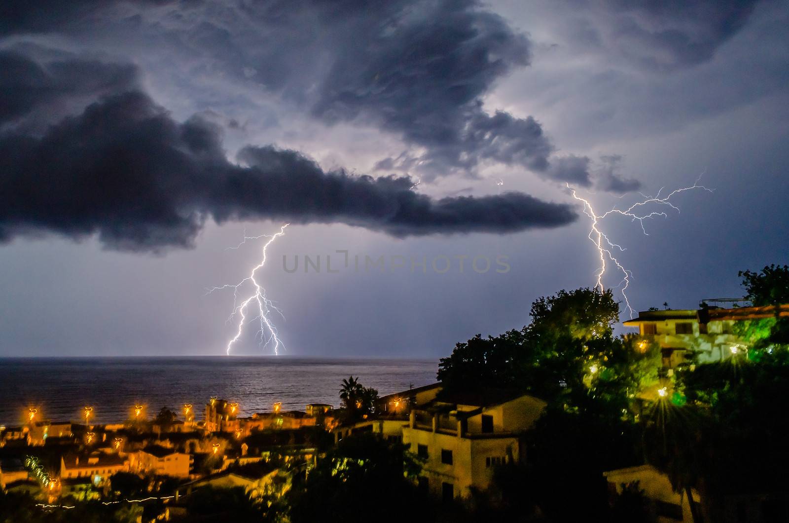 Lightning over the sea, night scene