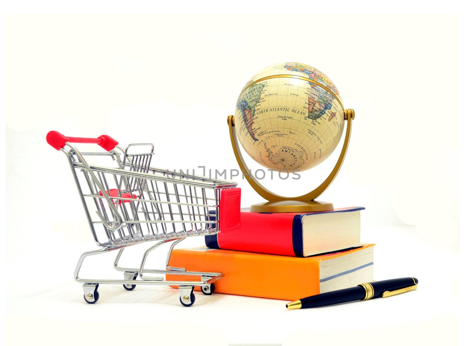Shopping Cart with Books and Globe