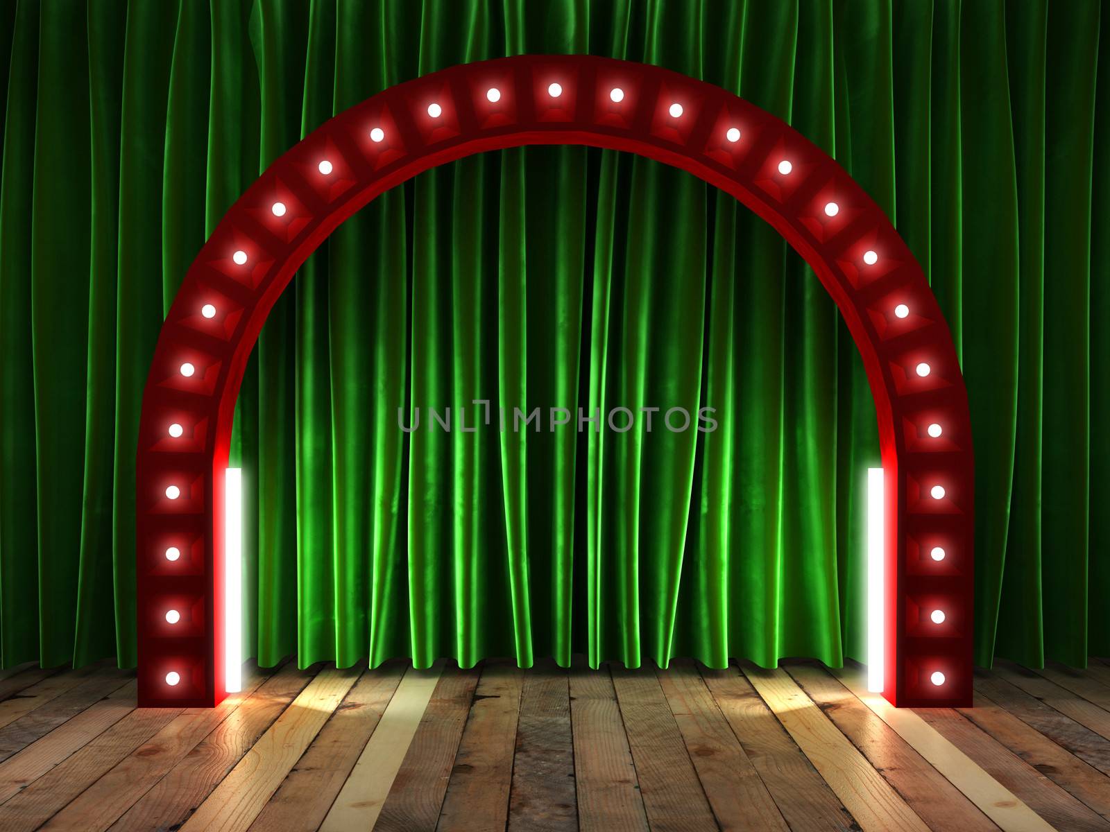 green fabrick curtain on stage