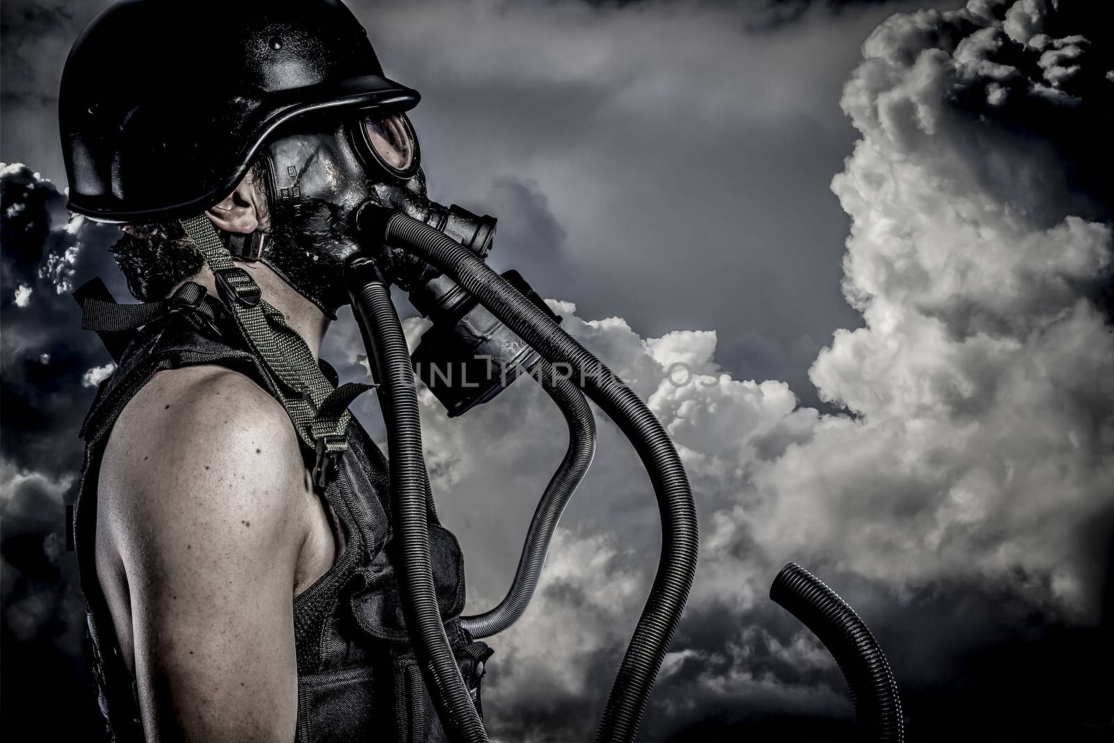 Nuclear disaster, man with gas mask, protection