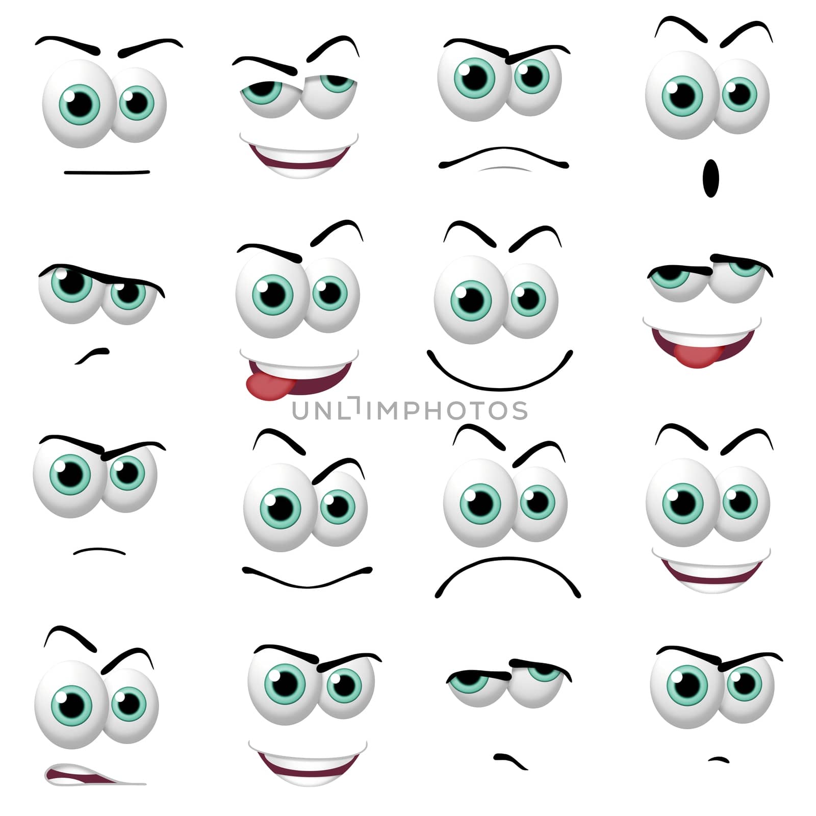 Illustration of 16 cartoon faces