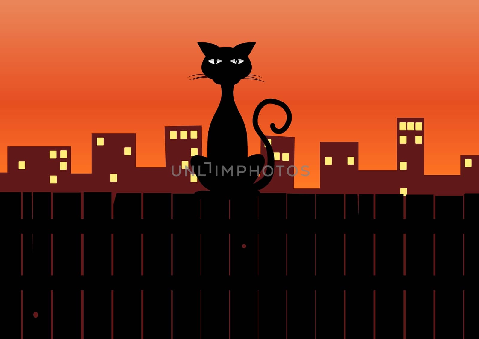 Illustration of a cat sitting on a fence with  houses behind