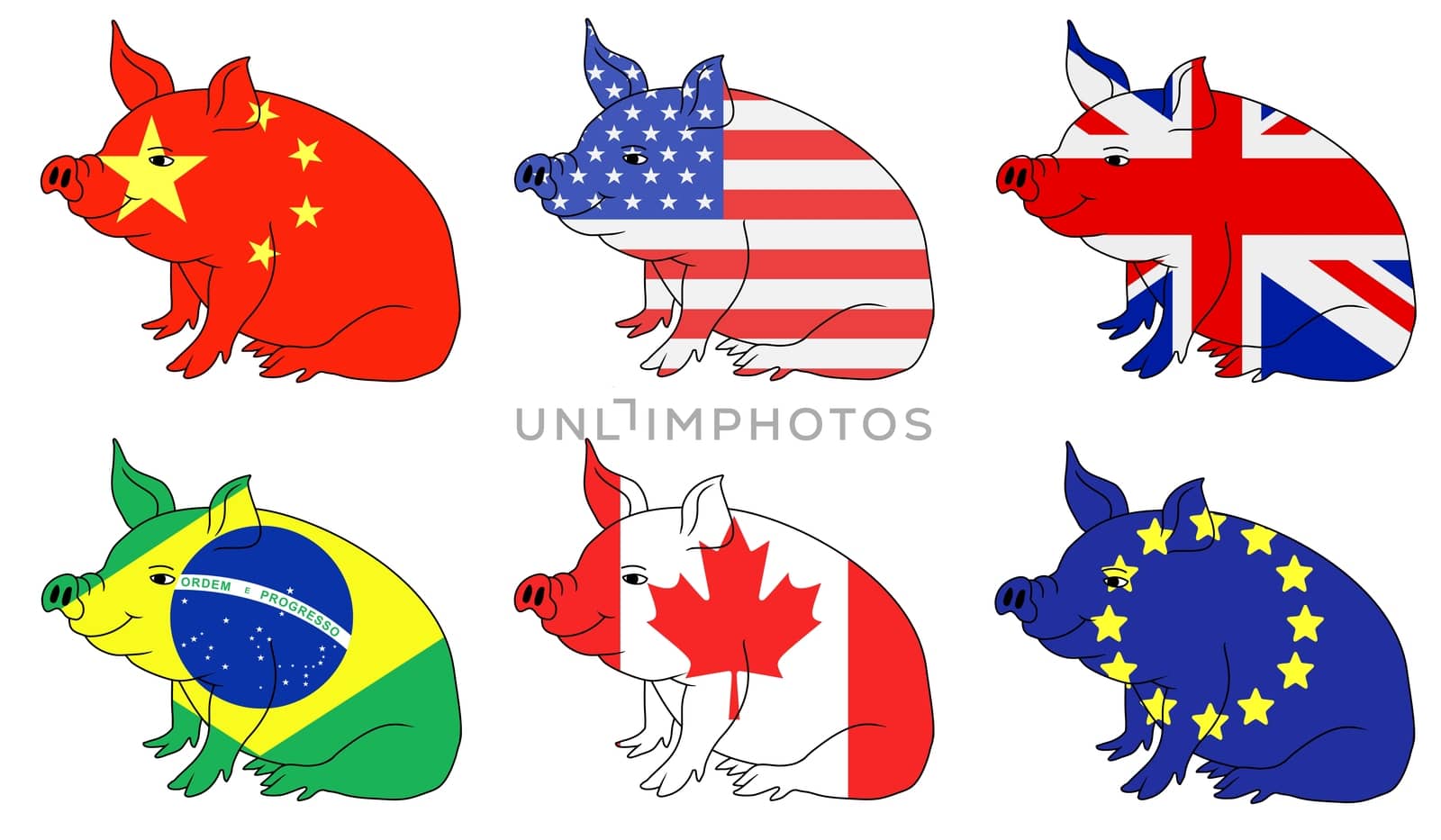 Illustration of six pig with flag textures from Pork producing countries