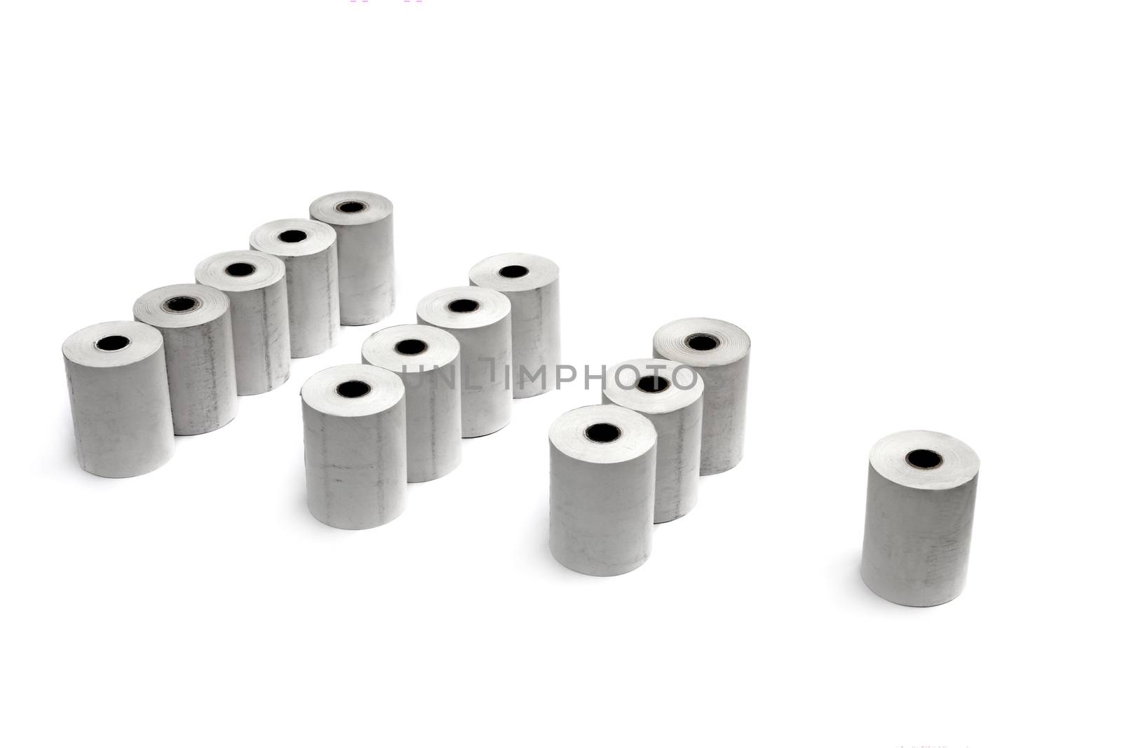 Groups of paper rolls for thermal printers and cash registers isolated over white background