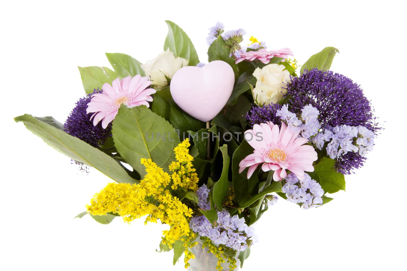 Bouquet of purple and pink flowers over white background