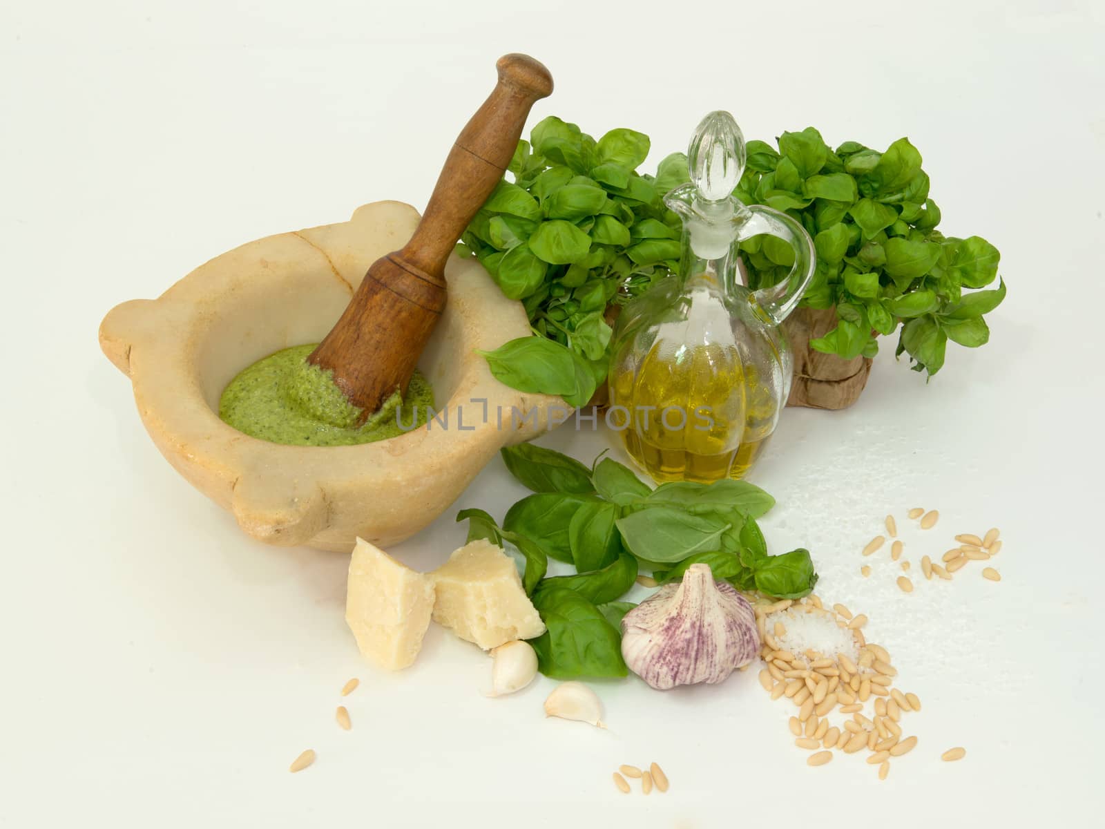 ingredients of the pesto along with marble mortar and pestle