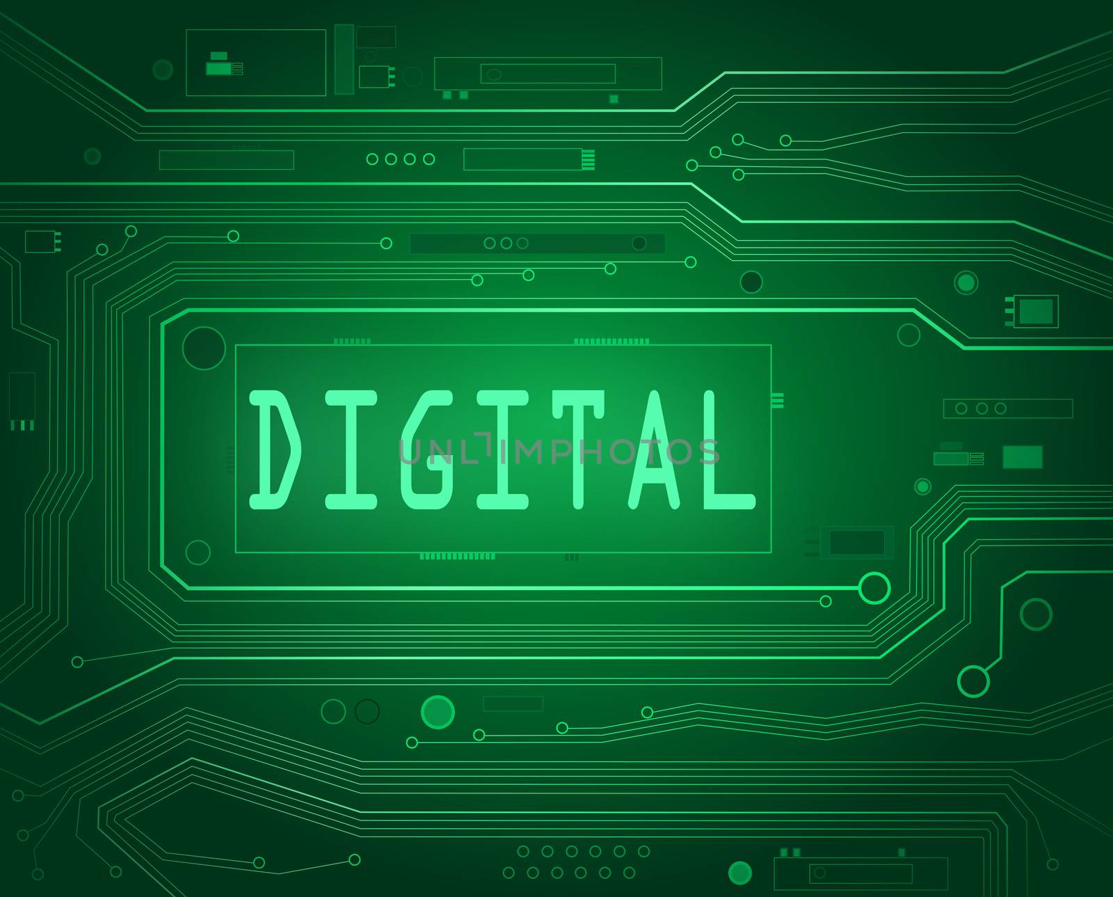 Abstract style illustration depicting printed circuit board components with a digital concept.