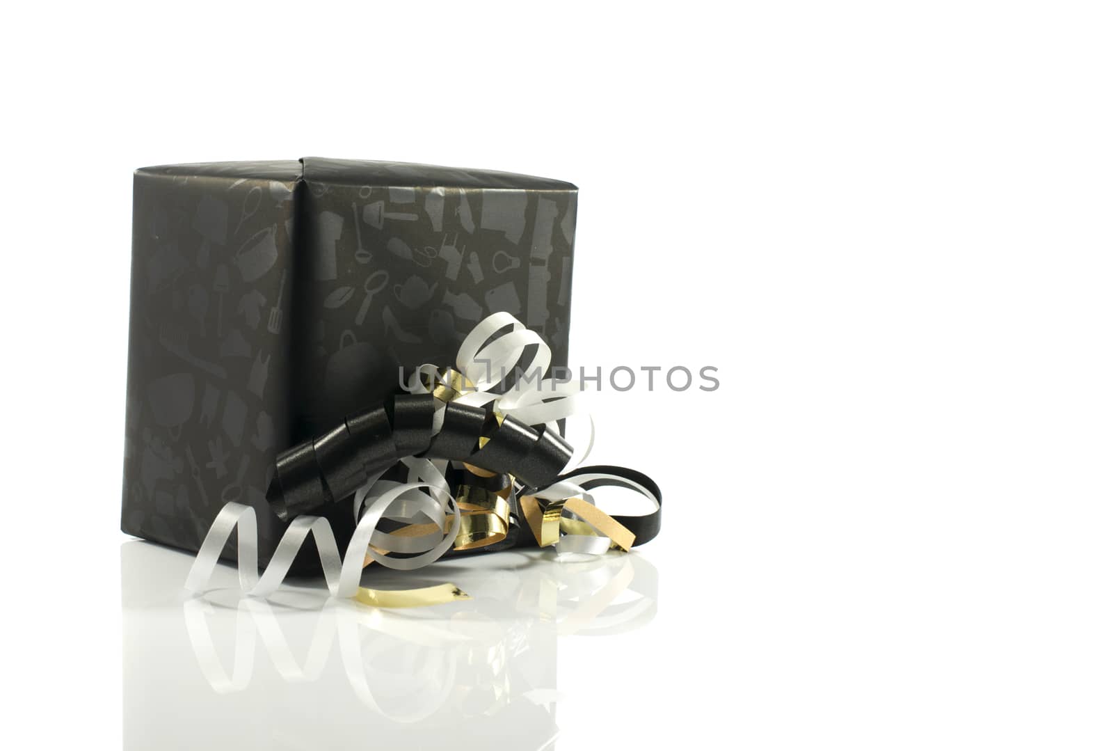 black present box with gold and silver bow