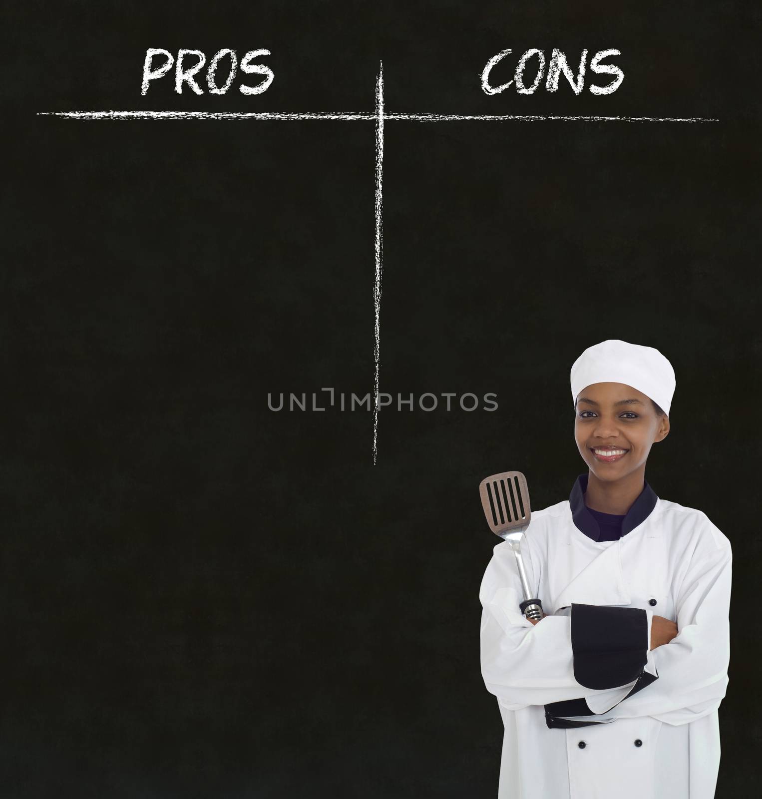 African American woman chef with chalk pros and cons on blackboard background by alistaircotton