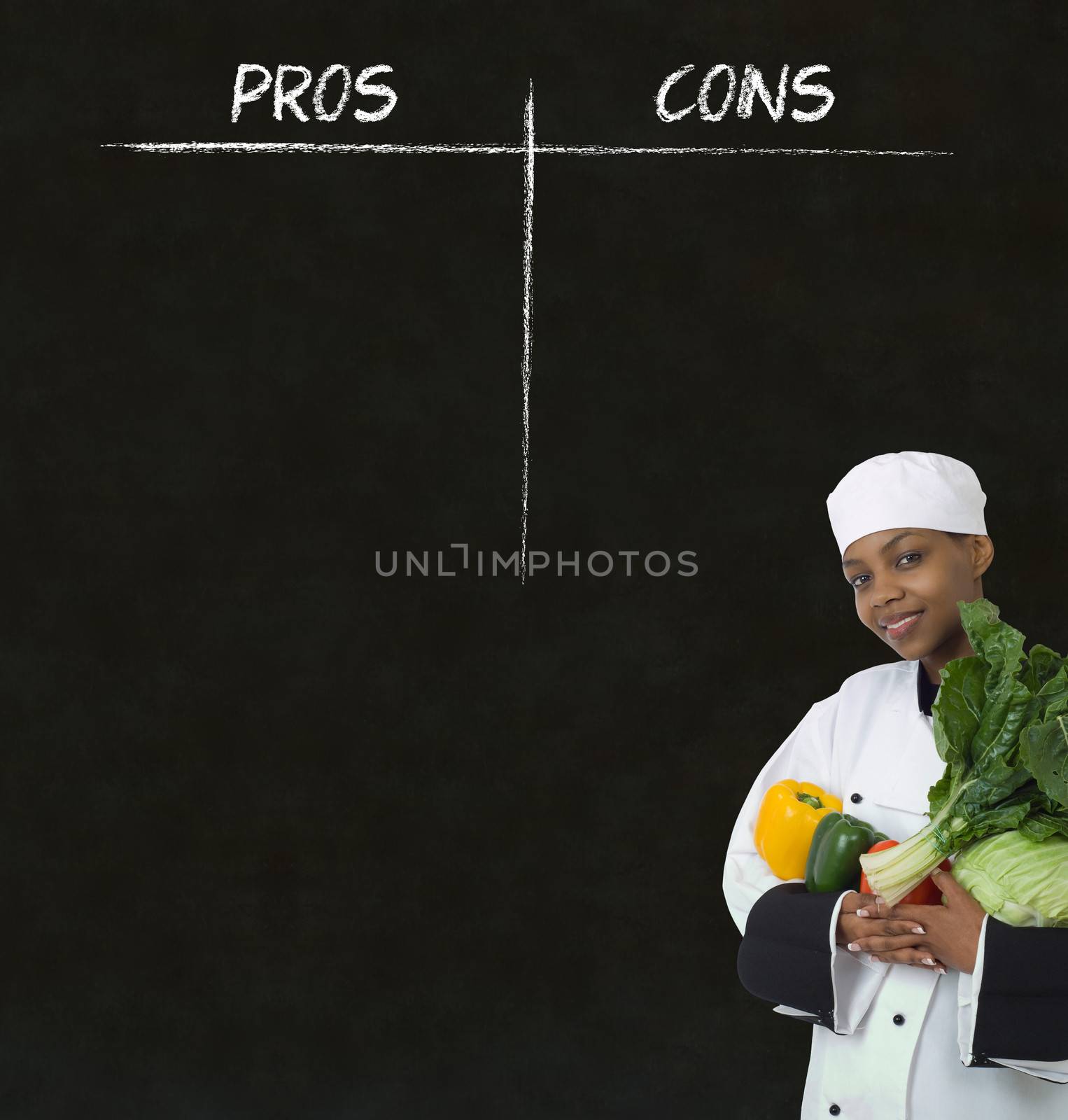 African American woman chef with chalk pros and cons on blackboard background