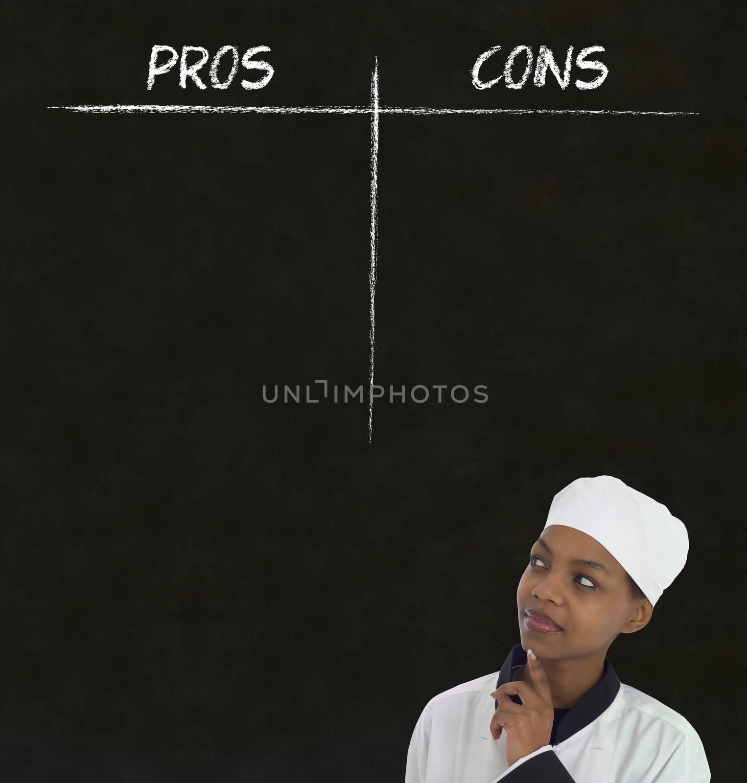 African American woman chef thinking with chalk pros and cons on blackboard background
