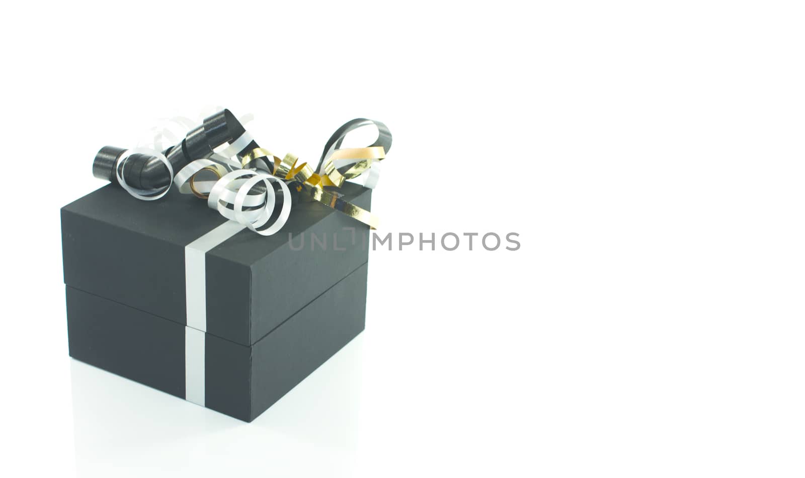 black present box with gold and silver bow