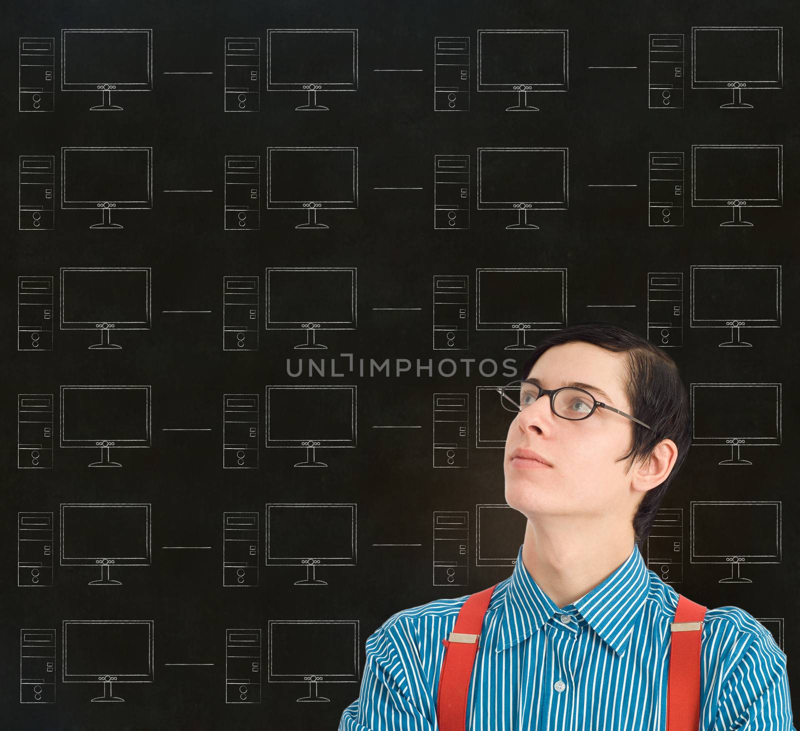 Nerd geek businessman, student or teacher with chalk computer network on blackboard background