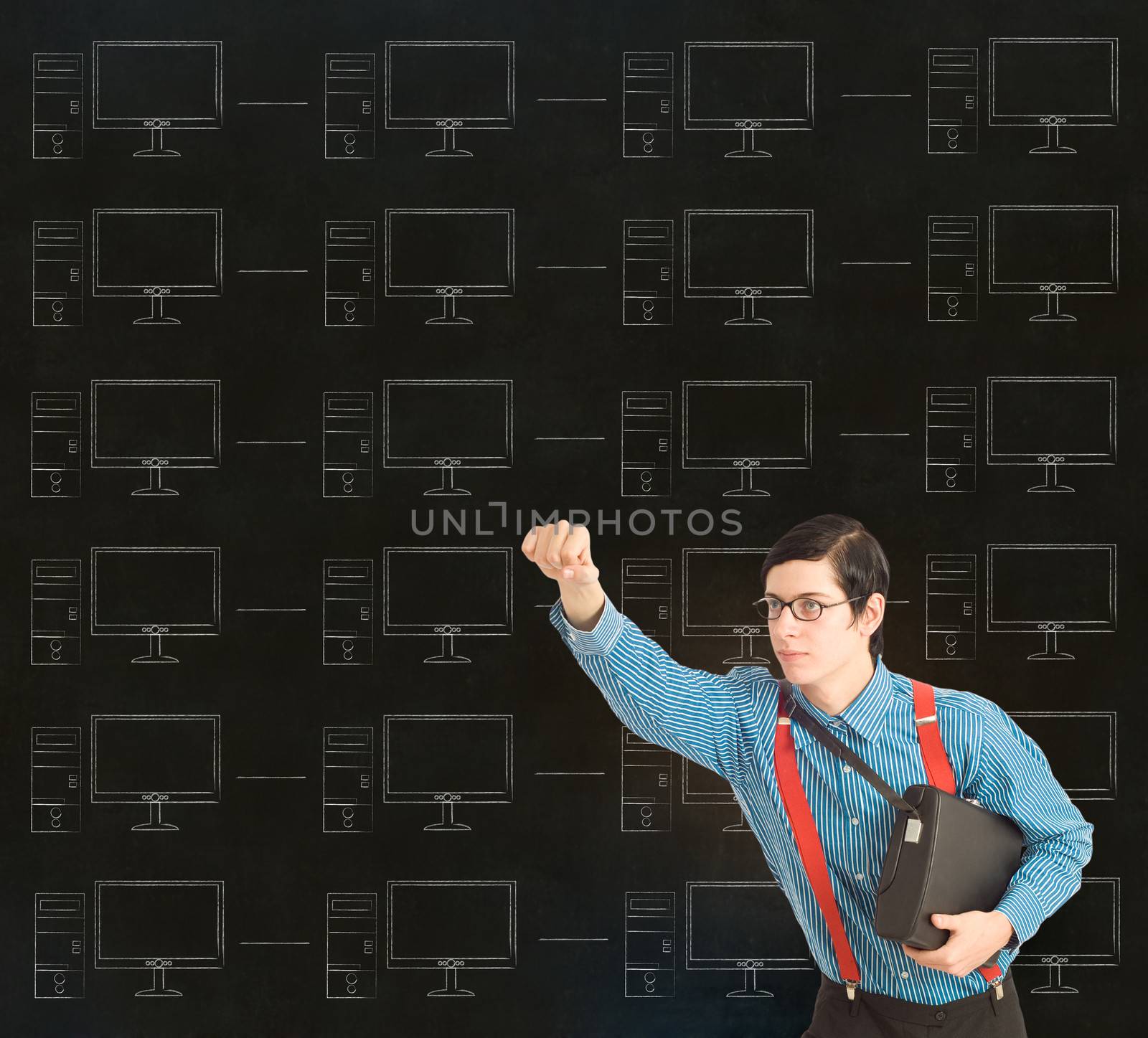 Nerd geek businessman with chalk computer network background by alistaircotton