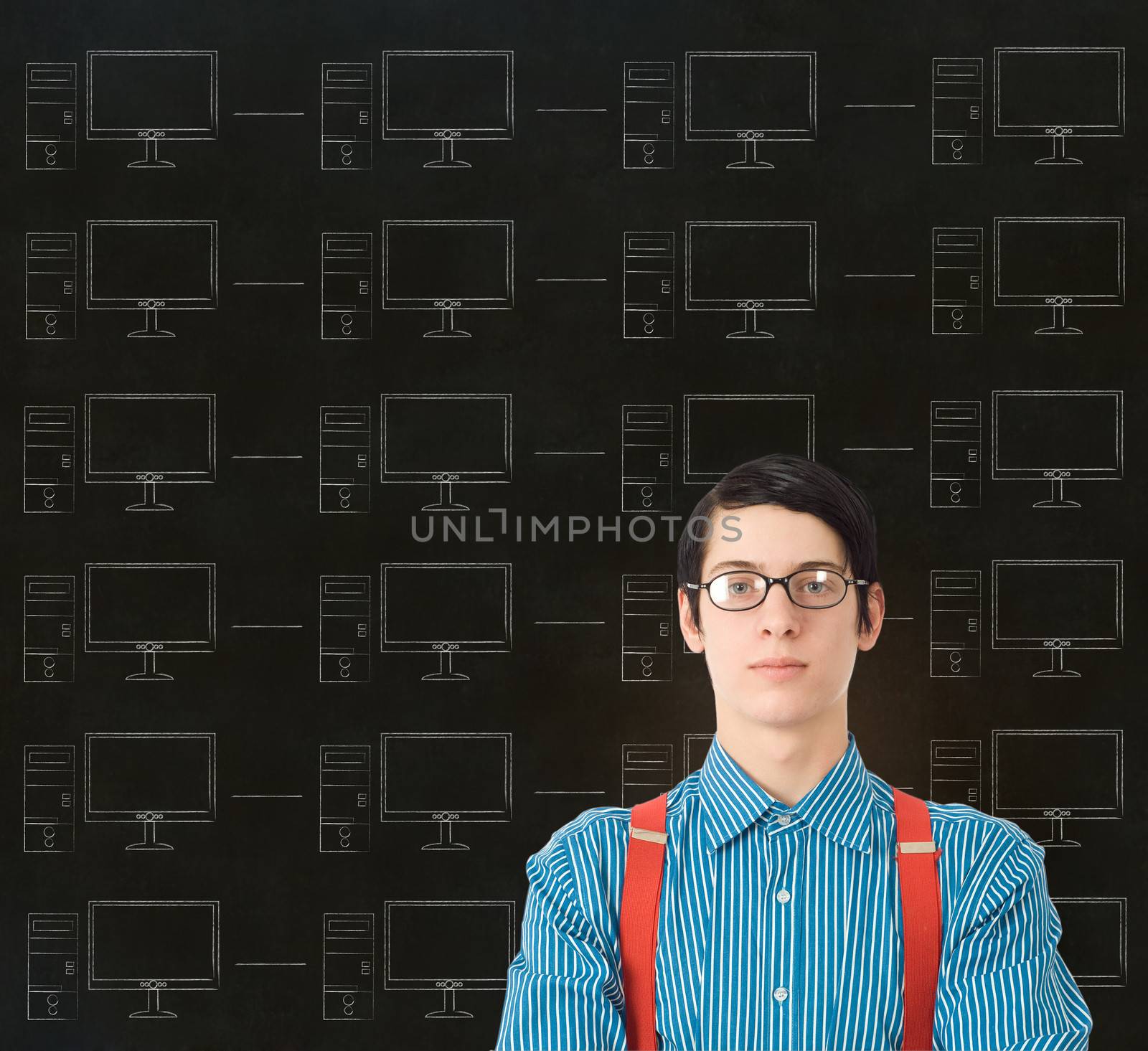 Nerd geek businessman, student or teacher with chalk computer network on blackboard background