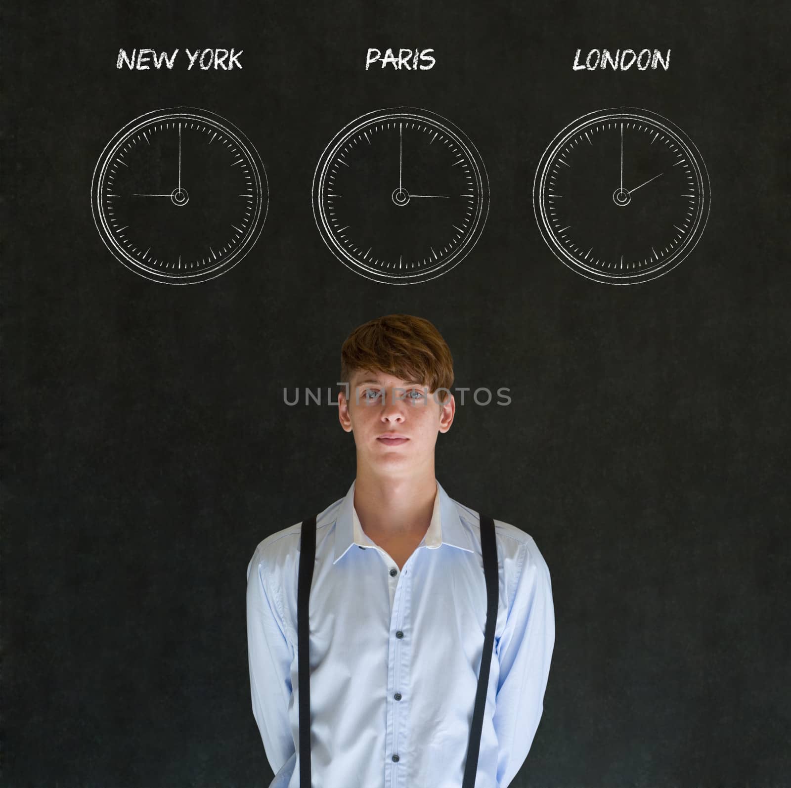 Businessman with New York, Paris and London chalk time zone clocks on blackboard background by alistaircotton