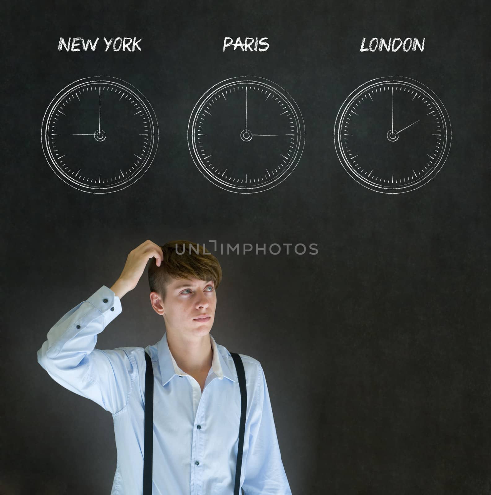Businessman thinking with New York, Paris and London chalk time zone clocks on blackboard background by alistaircotton