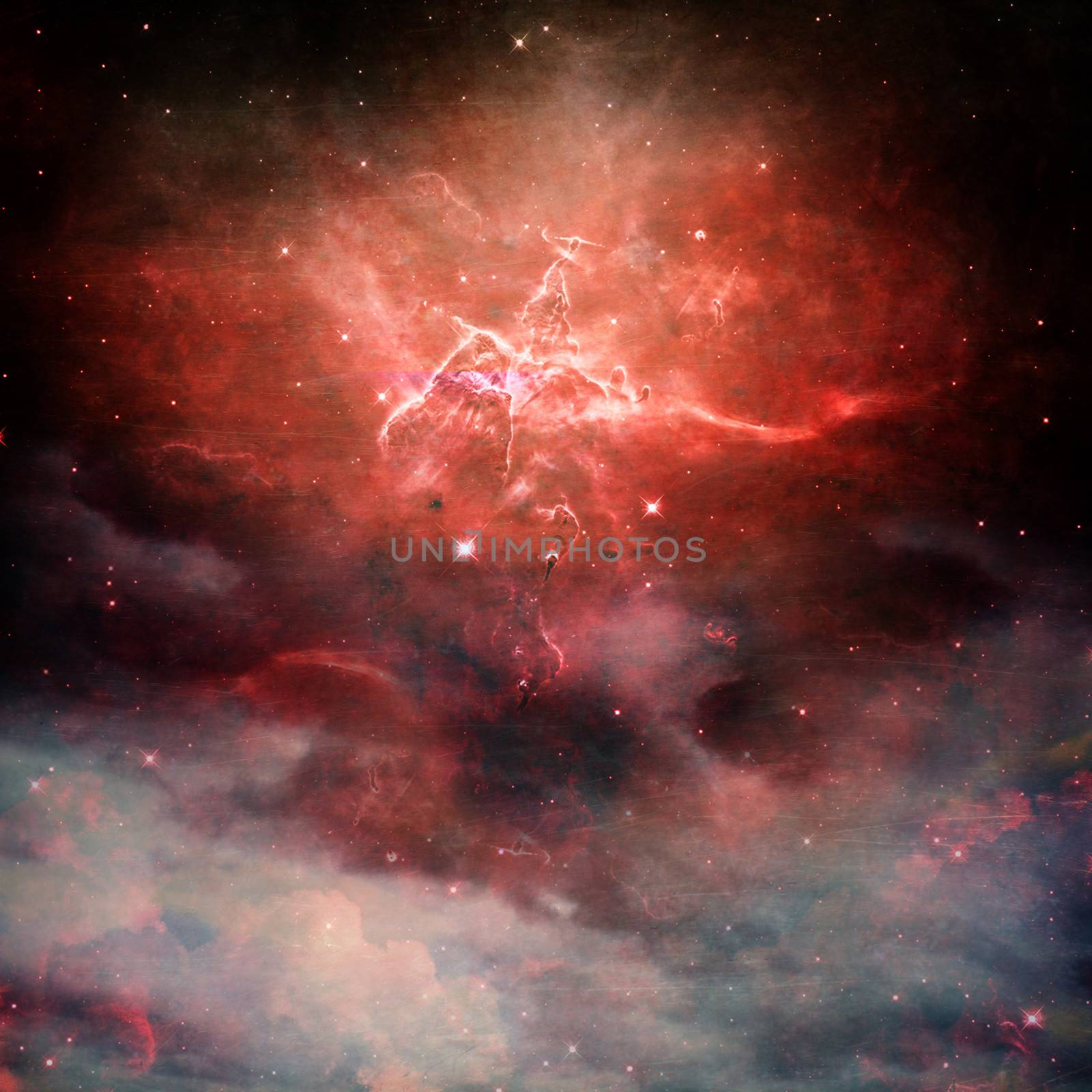 A star field in space with red nebulaes with copy space. Collage created with use from some images from images from www.nasa.gov